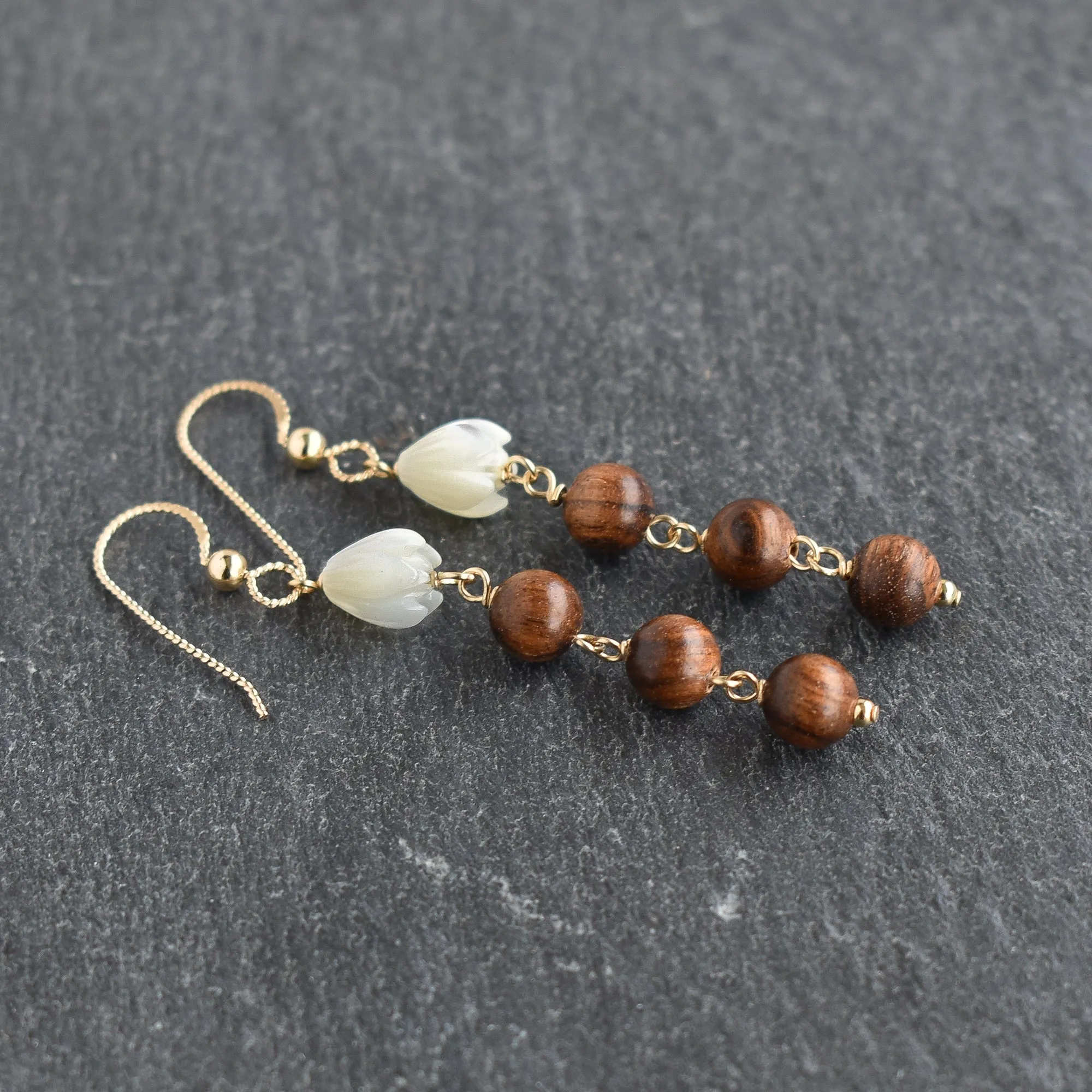8mm Pikake Earrings with Triple Dangling Rosewood Bead Earrings