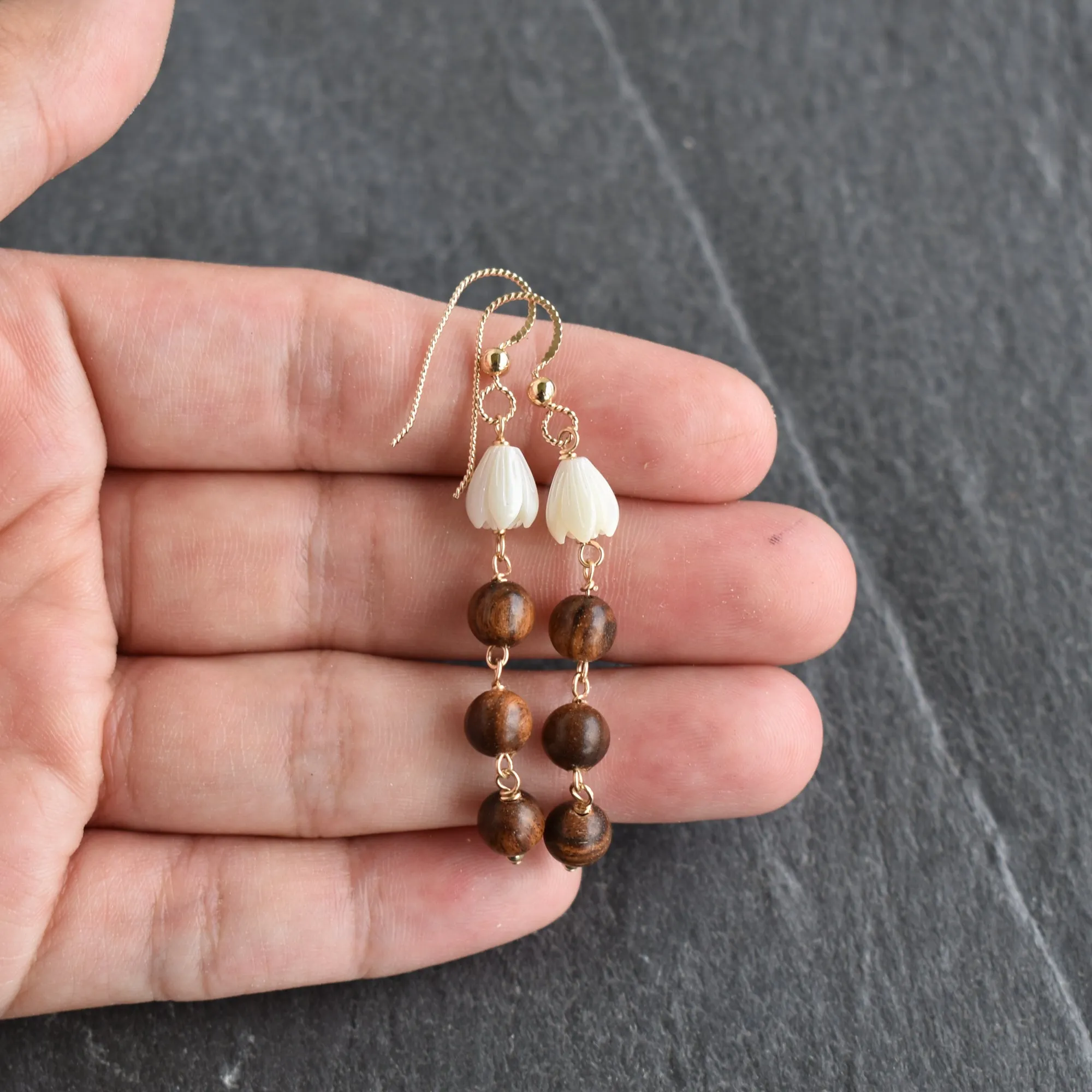 8mm Pikake Earrings with Triple Dangling Rosewood Bead Earrings