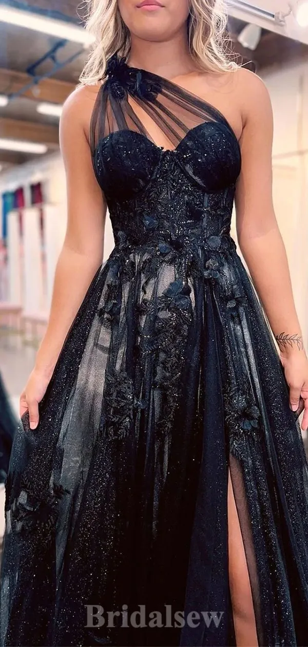 A-line One Shoulder Elegant Glitter Modest Slit Long Party Evening Prom Dresses, PD1267