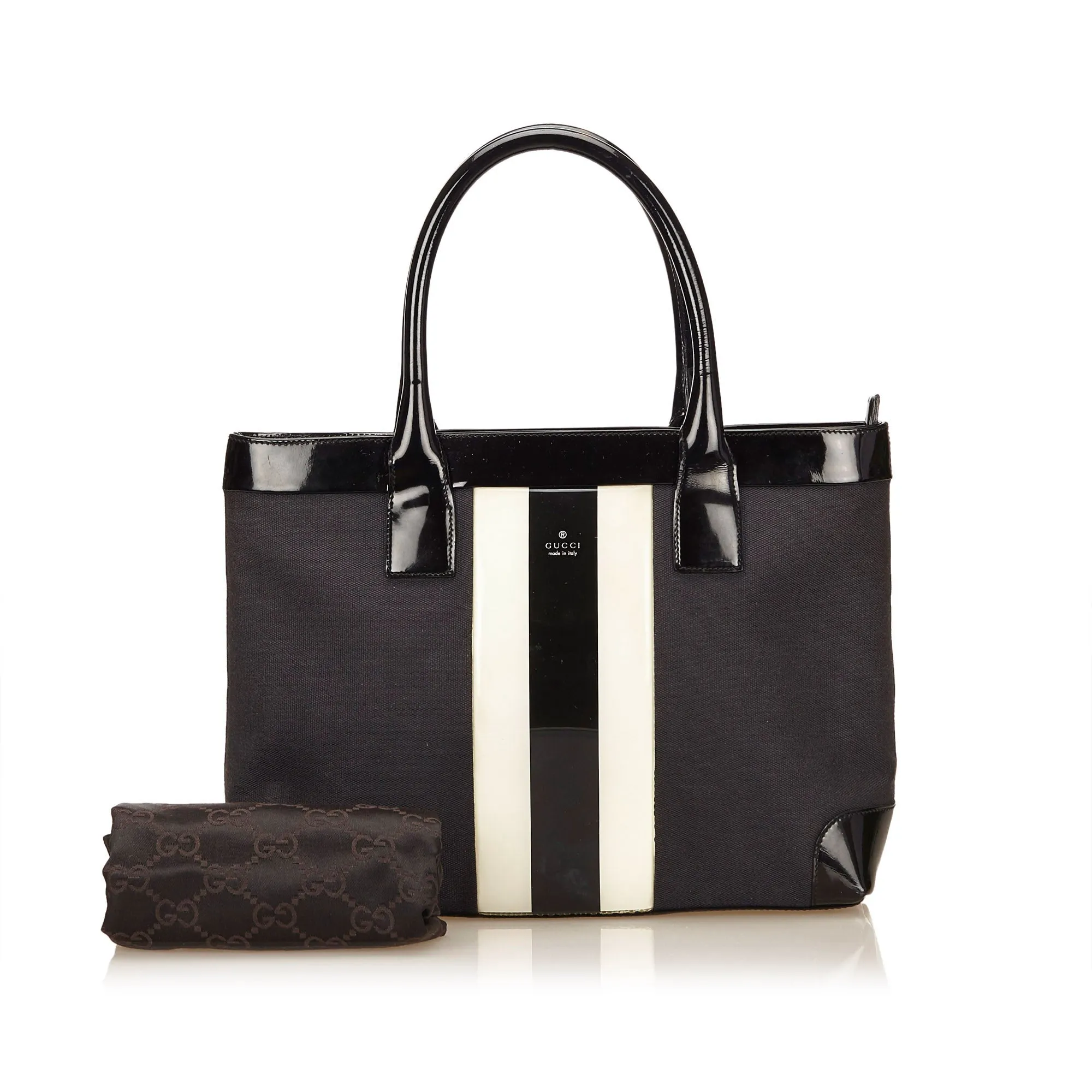 Canvas and Patent Leather Striped Tote Bag