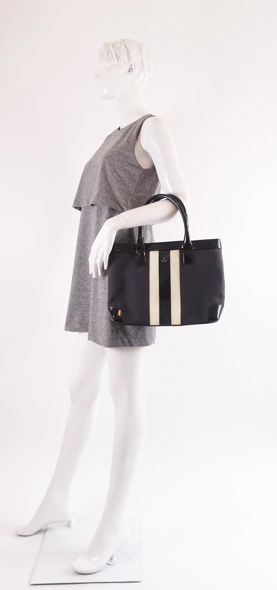 Canvas and Patent Leather Striped Tote Bag