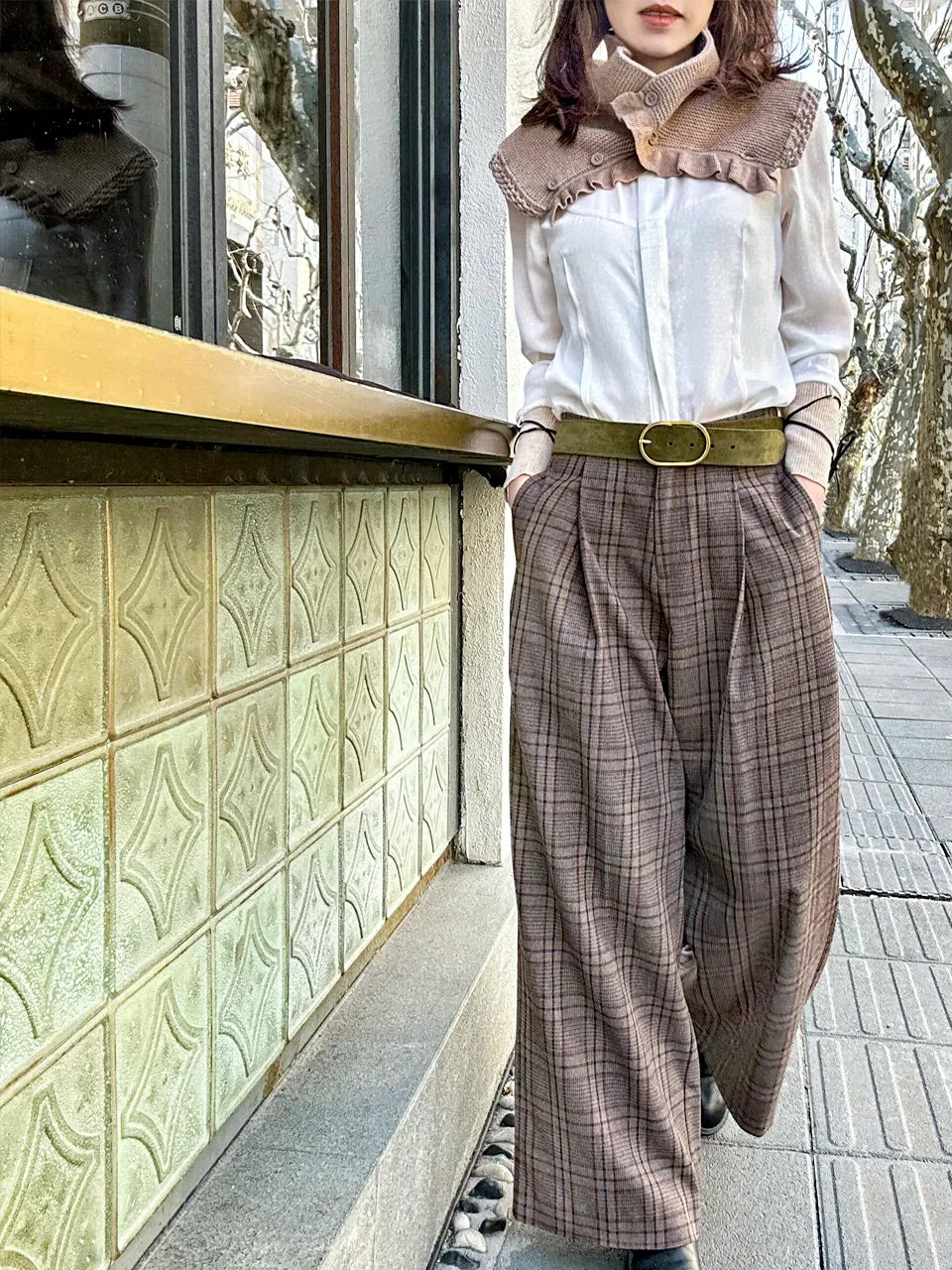 Classic Tartan Pleated Front Wide Leg Trousers
