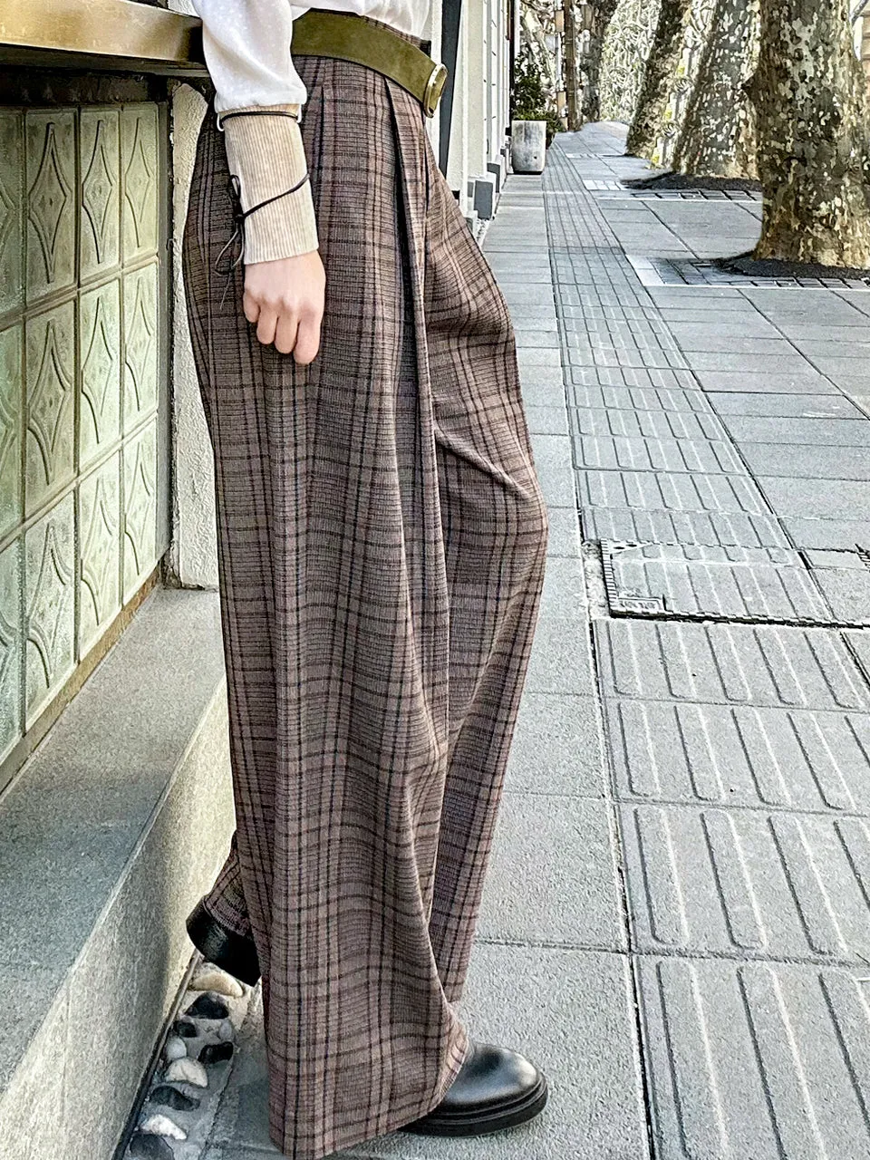 Classic Tartan Pleated Front Wide Leg Trousers