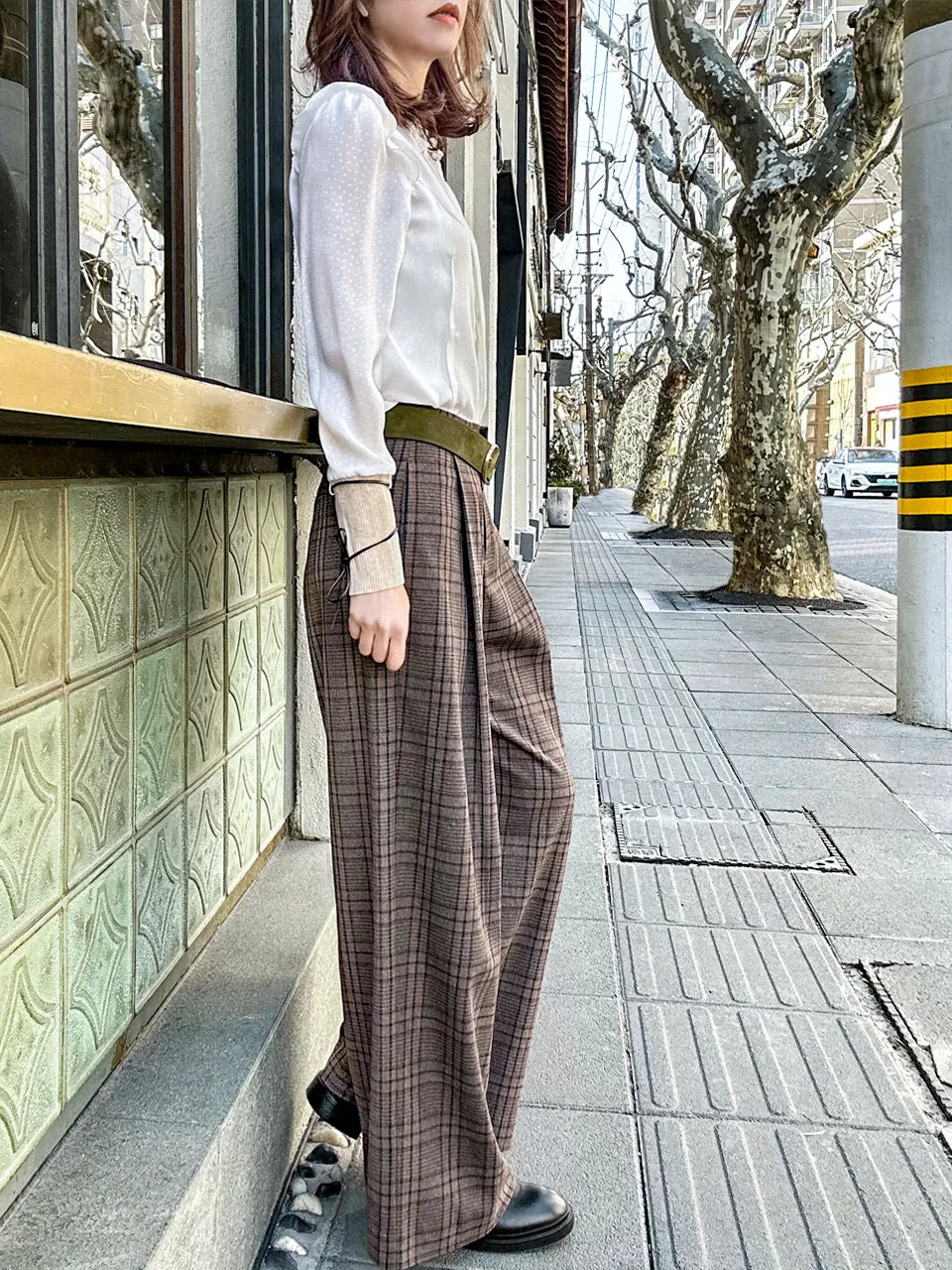 Classic Tartan Pleated Front Wide Leg Trousers