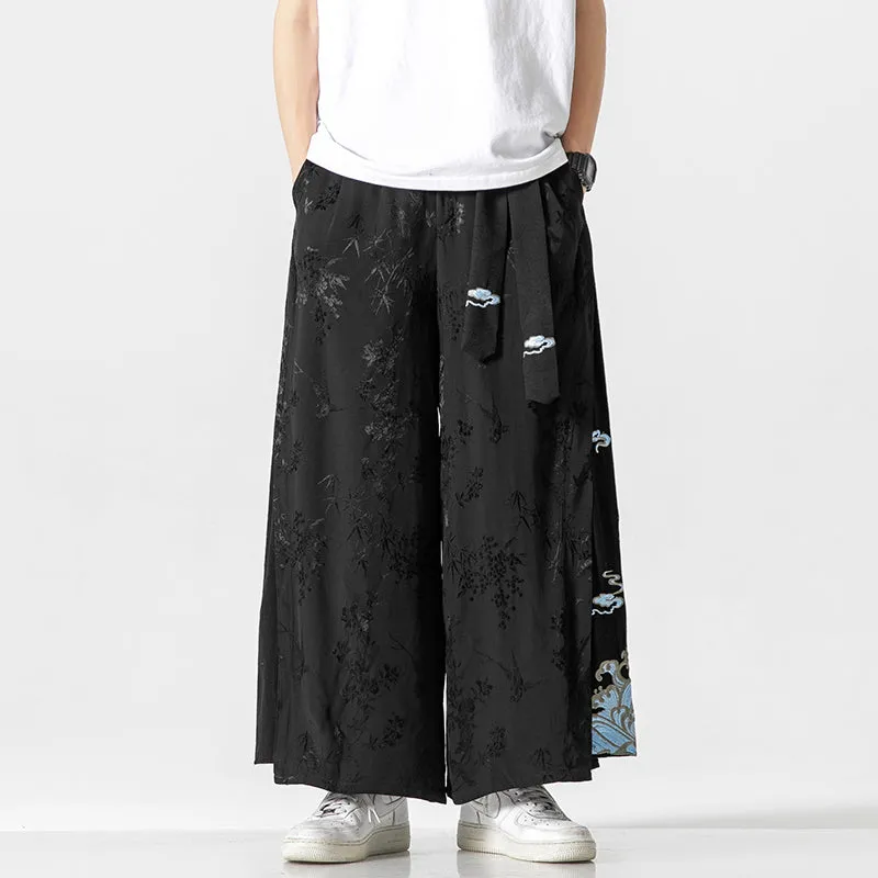 Cotton and Linen Loose Embroidered Wide-leg Pants