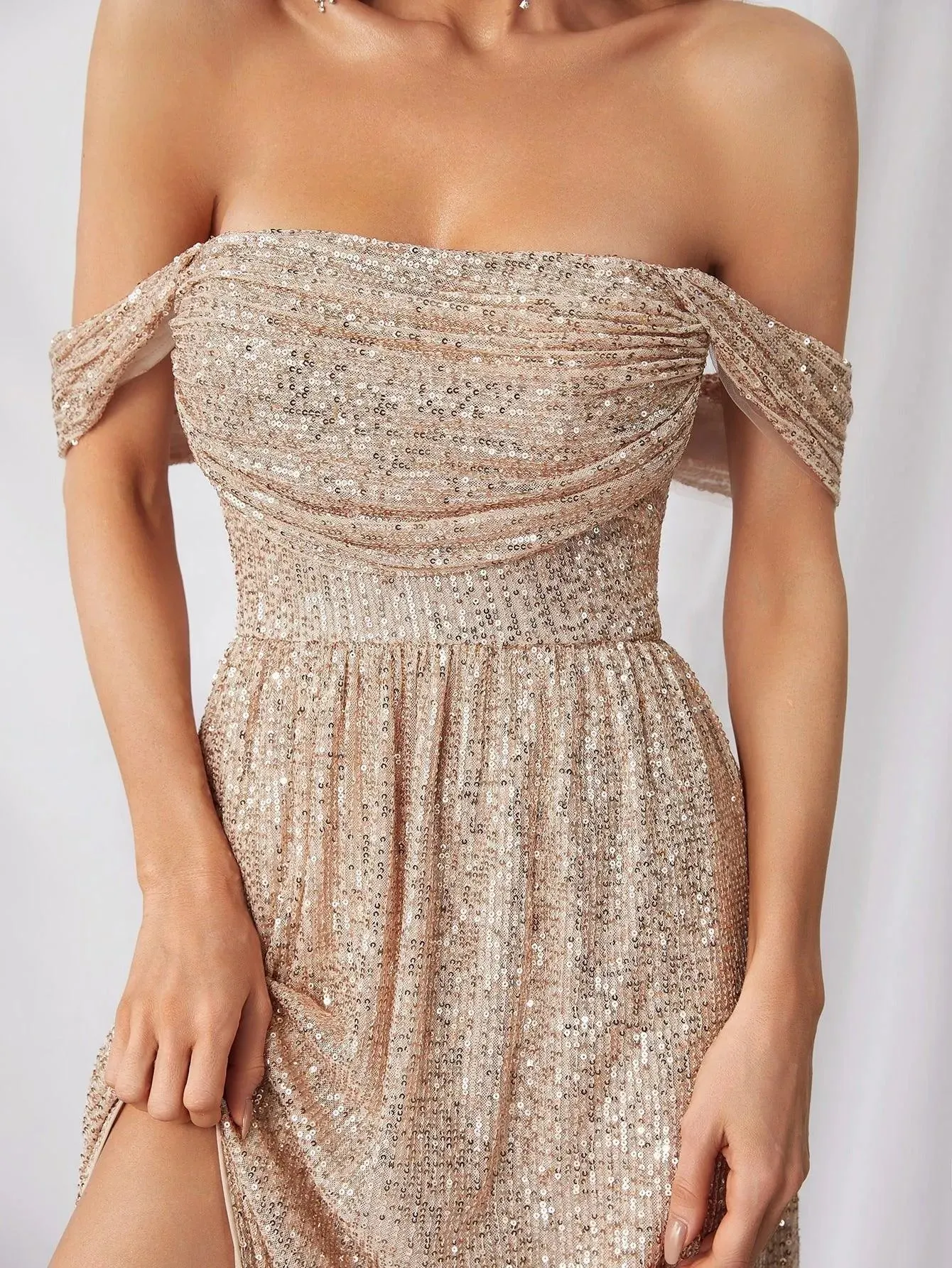 Elegant Off Shoulder Split Thigh Sequin Party Dress