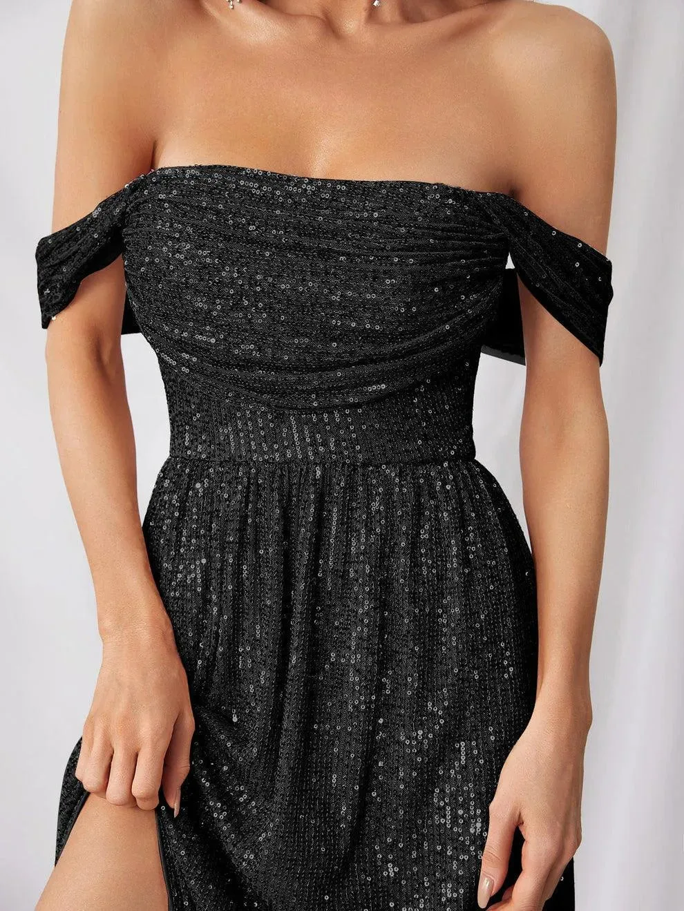 Elegant Off Shoulder Split Thigh Sequin Party Dress