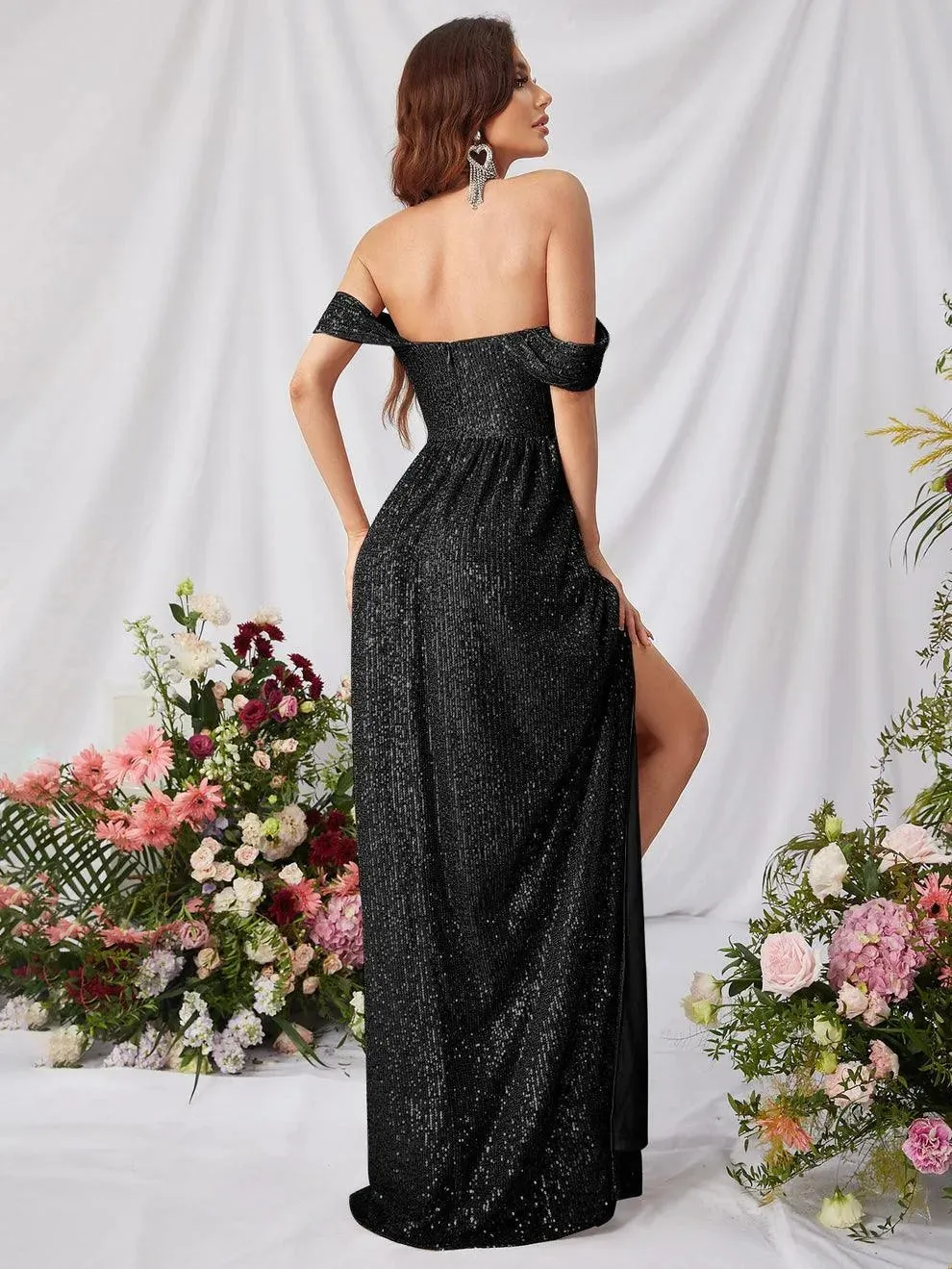 Elegant Off Shoulder Split Thigh Sequin Party Dress