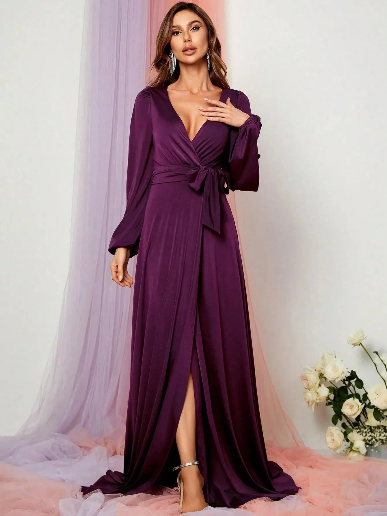 Elegant V Neck Slit Long Sleeve A-Line Dress