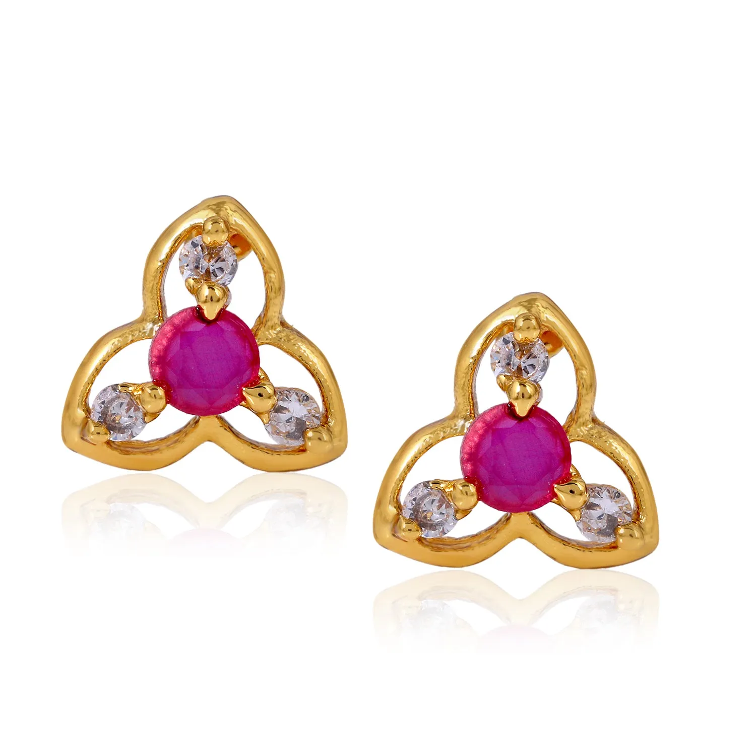 Estele Gold Plated CZ Floral Stud Earrings with Ruby Stones for Women