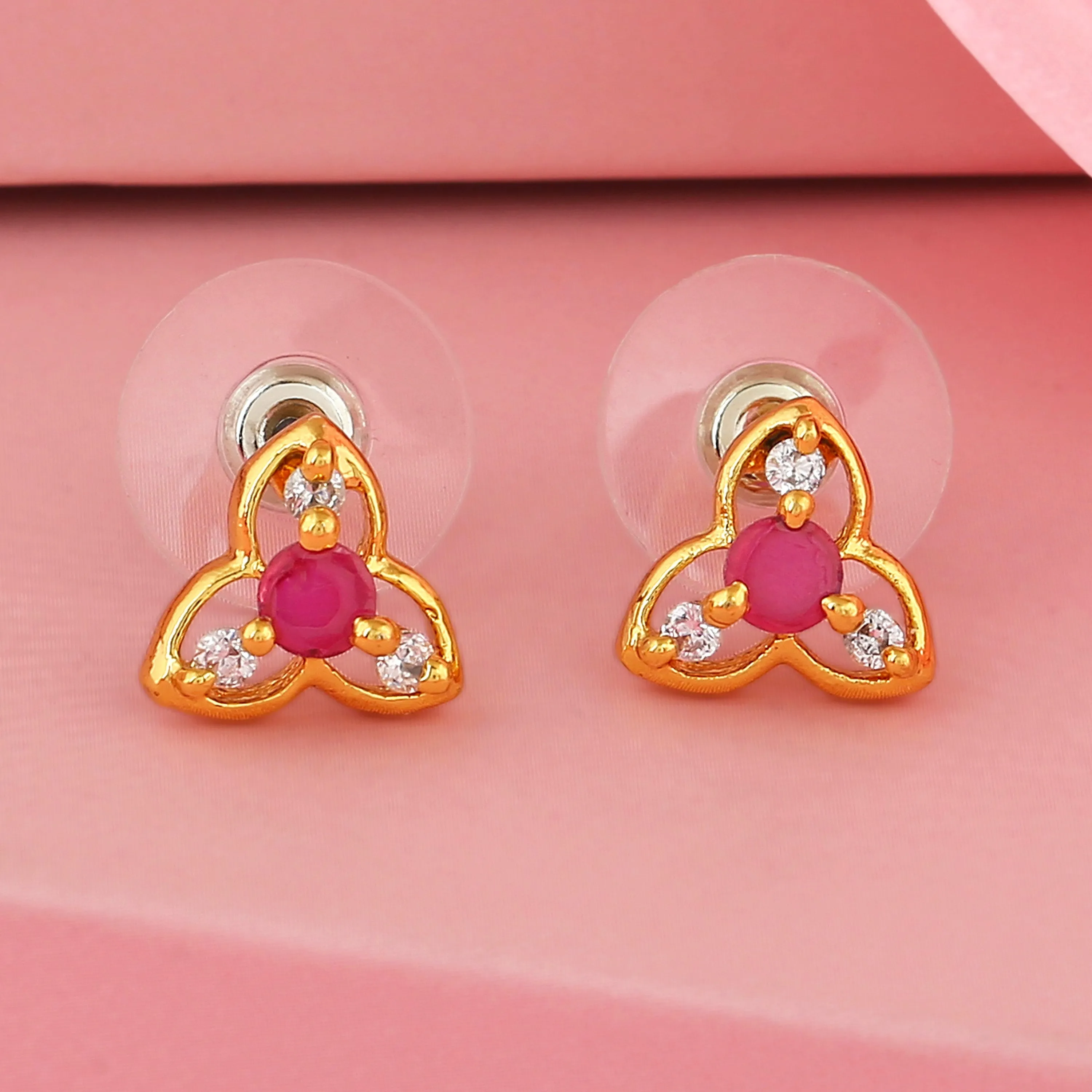 Estele Gold Plated CZ Floral Stud Earrings with Ruby Stones for Women