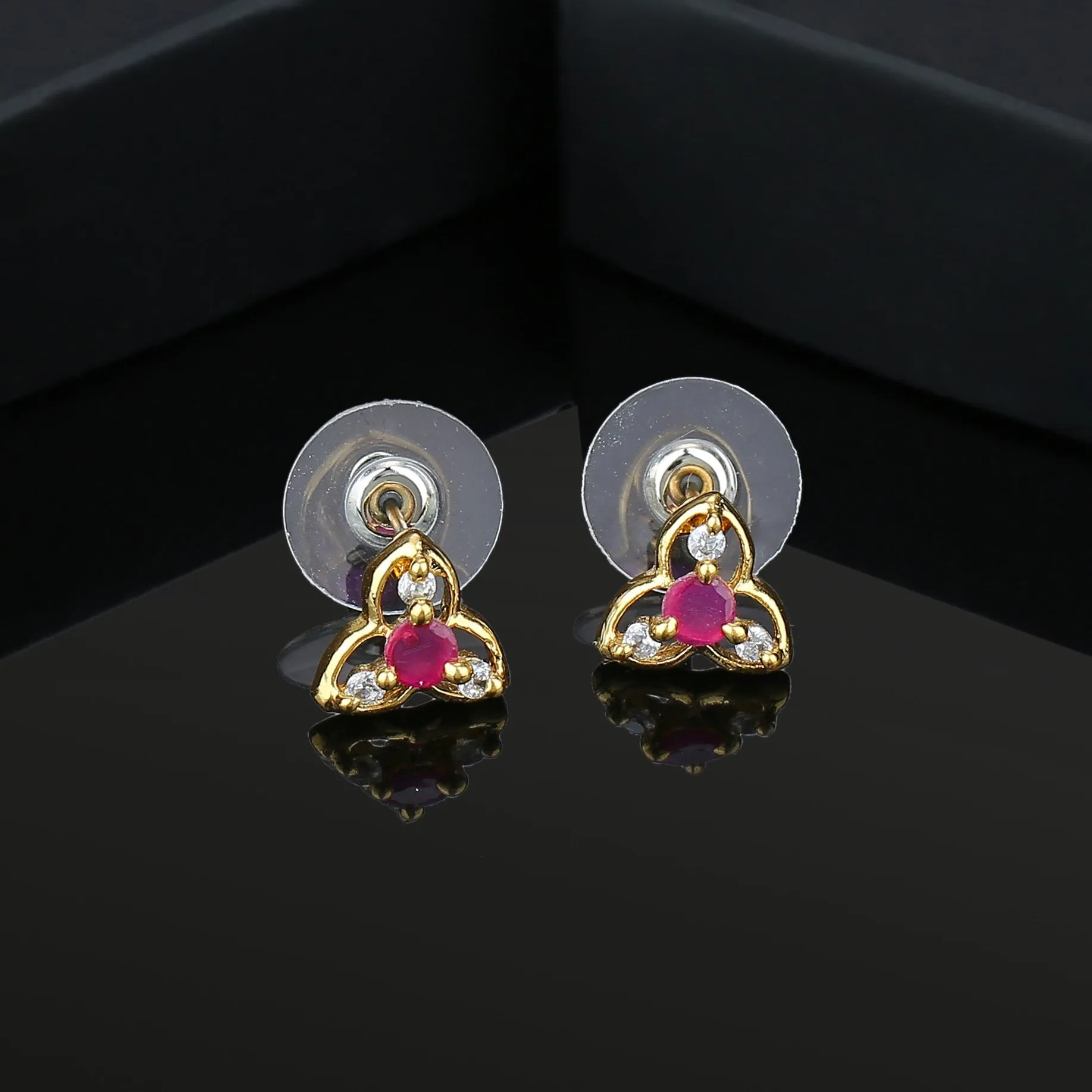 Estele Gold Plated CZ Floral Stud Earrings with Ruby Stones for Women