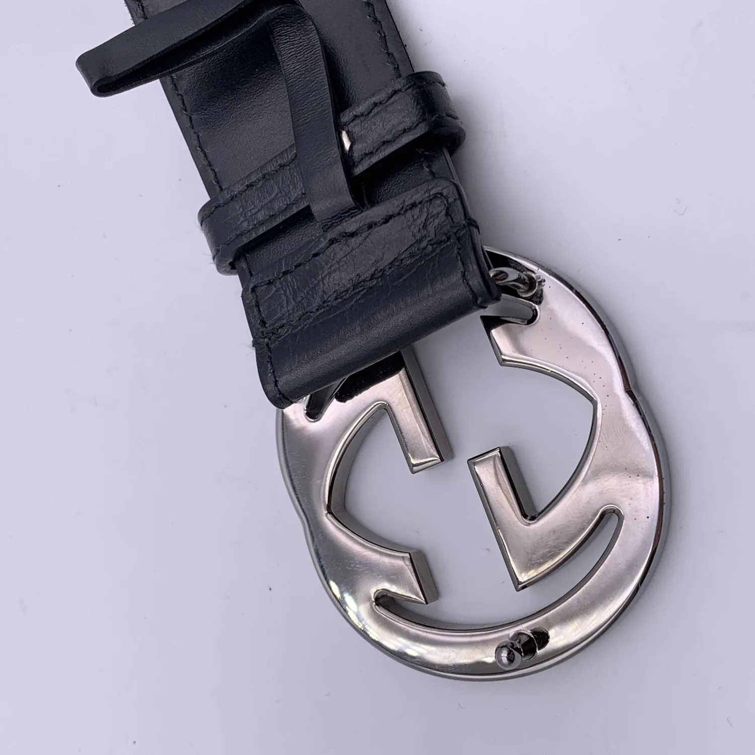 Gucci Black Leather Sherry Web Striped Belt with GG Buckle Size 85/34