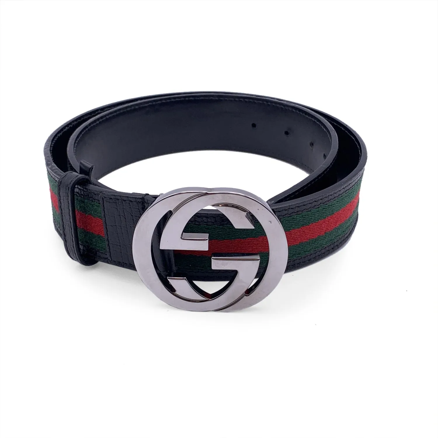 Gucci Black Leather Sherry Web Striped Belt with GG Buckle Size 85/34