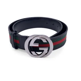 Gucci Black Leather Sherry Web Striped Belt with GG Buckle Size 85/34