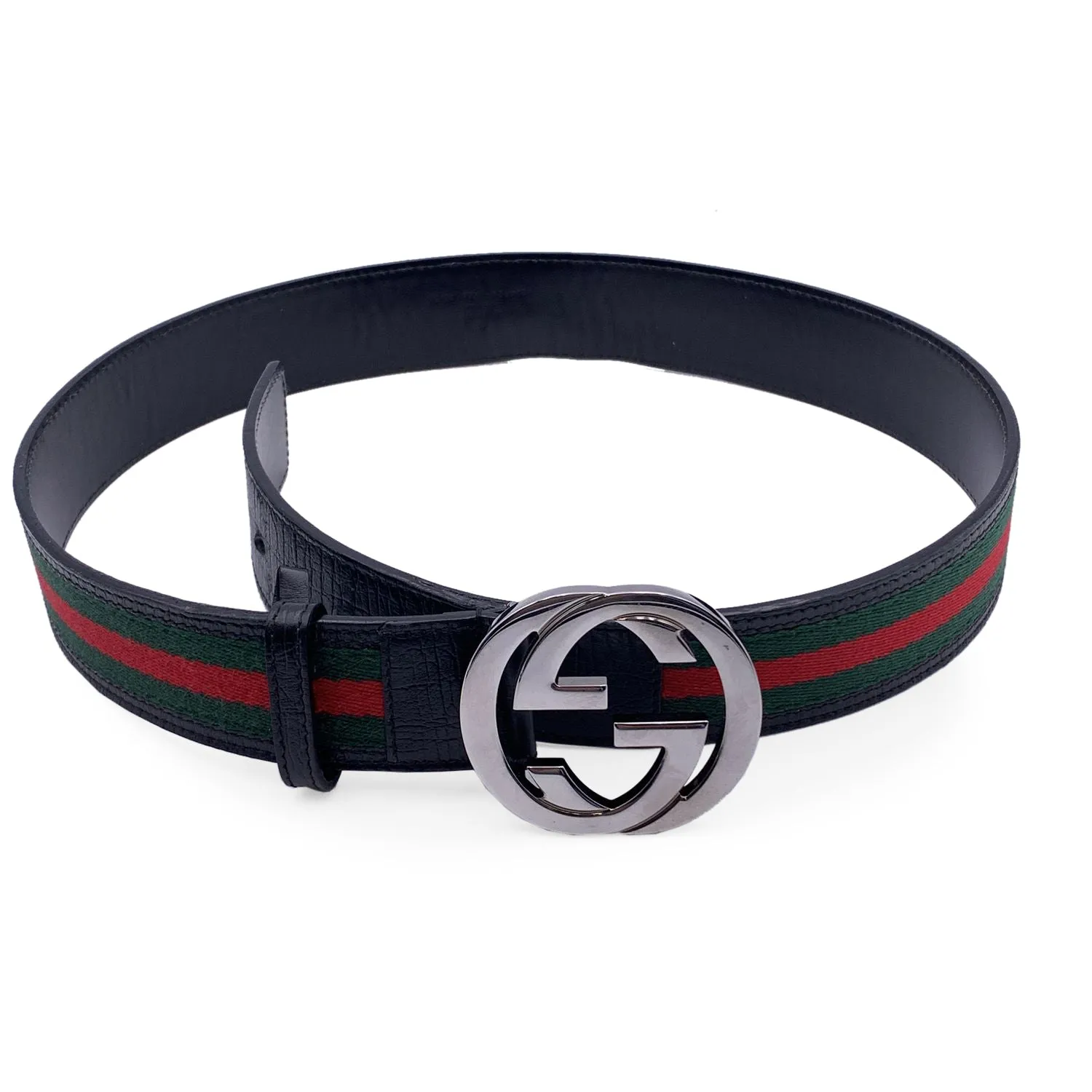 Gucci Black Leather Sherry Web Striped Belt with GG Buckle Size 85/34