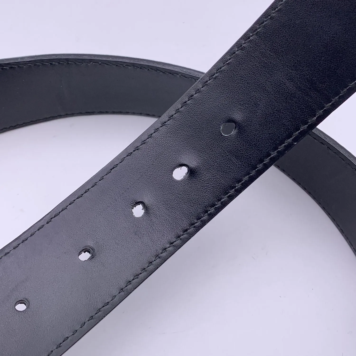 Gucci Black Leather Sherry Web Striped Belt with GG Buckle Size 85/34