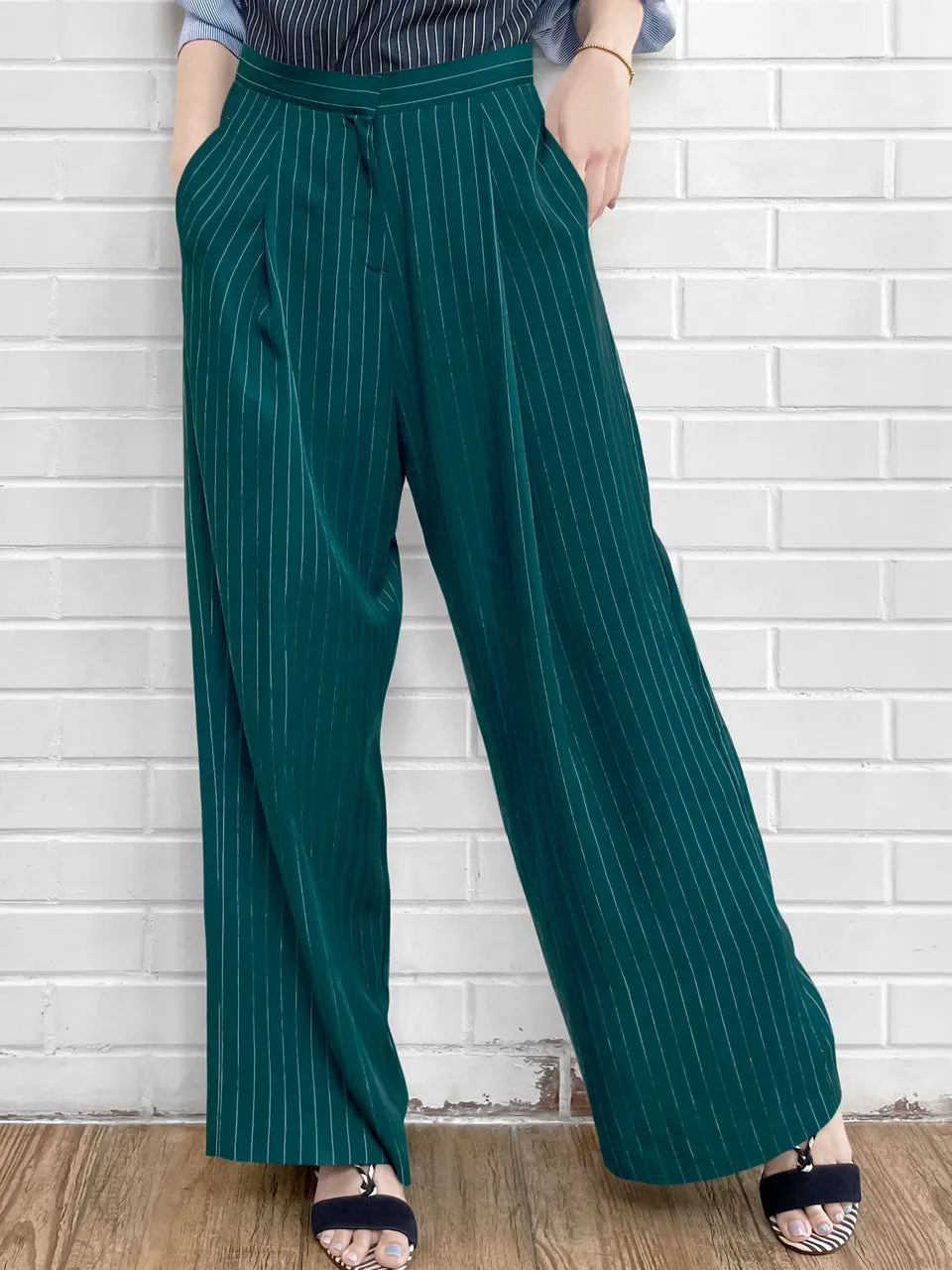 Last Chance! Forest Green Pinstripe Pleated Front Wide Leg Trousers