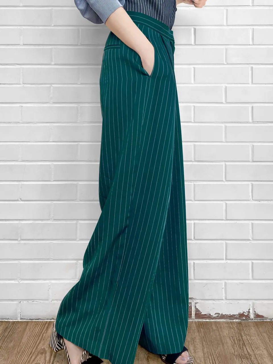 Last Chance! Forest Green Pinstripe Pleated Front Wide Leg Trousers