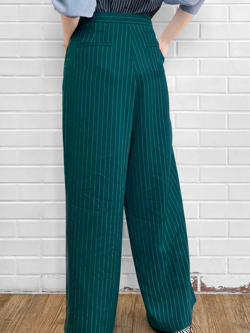 Last Chance! Forest Green Pinstripe Pleated Front Wide Leg Trousers