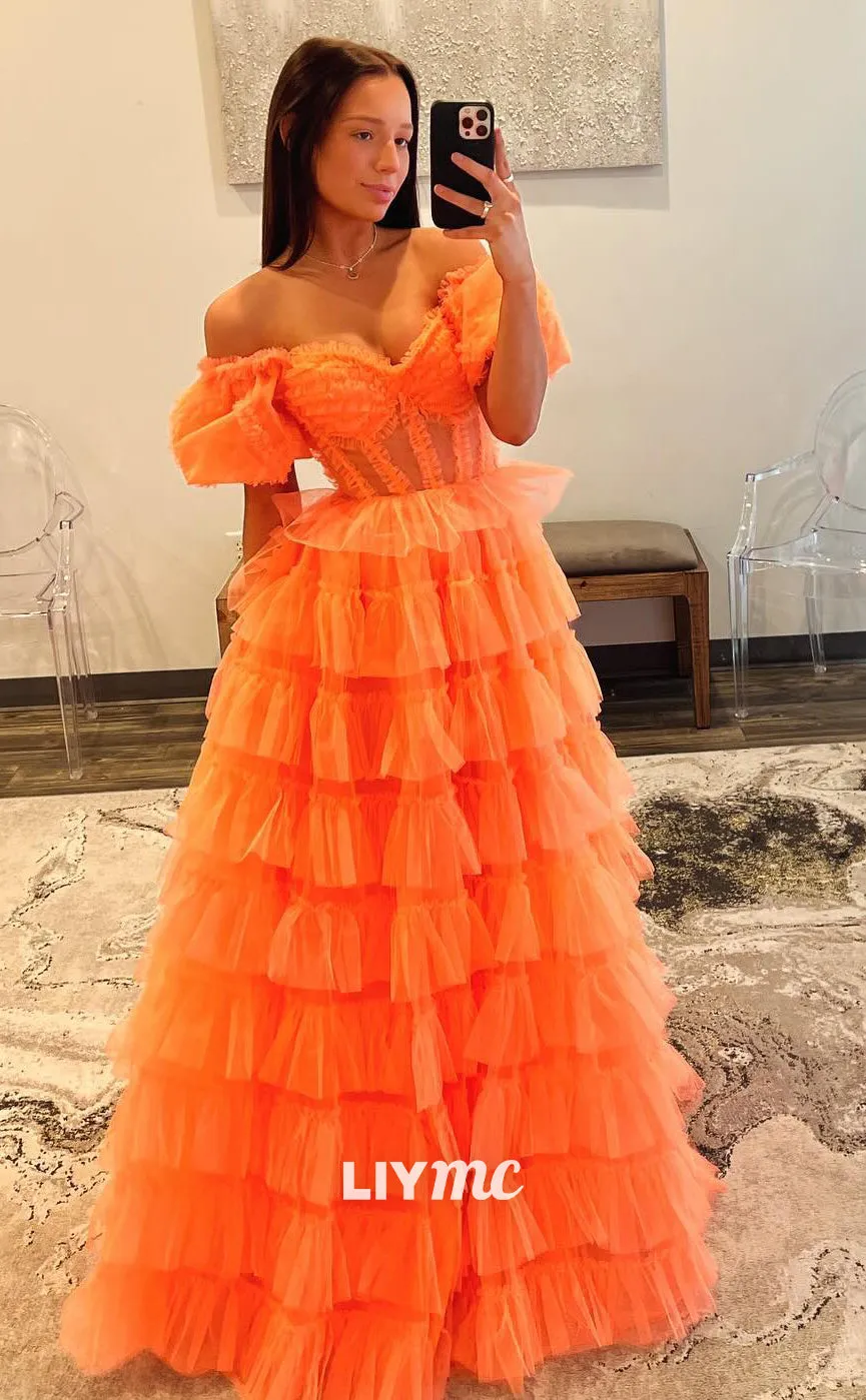 LP1242 - Cute Sweetheart Side Slit Tiered Ball Gown Dress with Puff Sleeves