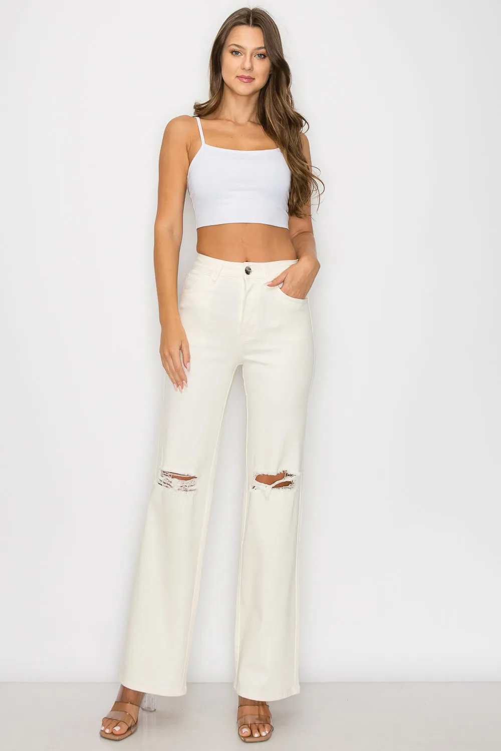 LVB-230 IVORY HIGH WAISTED SUPER-STRETCH COLORED WIDE LEG JEANS
