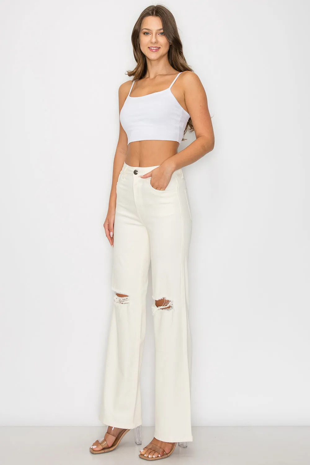 LVB-230 IVORY HIGH WAISTED SUPER-STRETCH COLORED WIDE LEG JEANS
