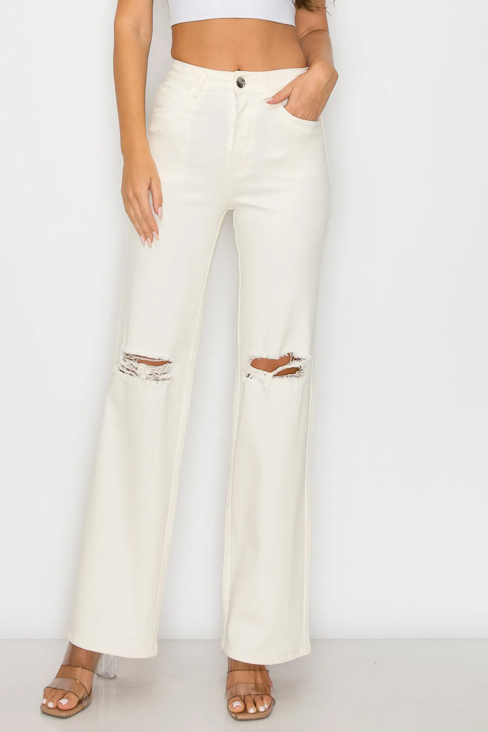 LVB-230 IVORY HIGH WAISTED SUPER-STRETCH COLORED WIDE LEG JEANS