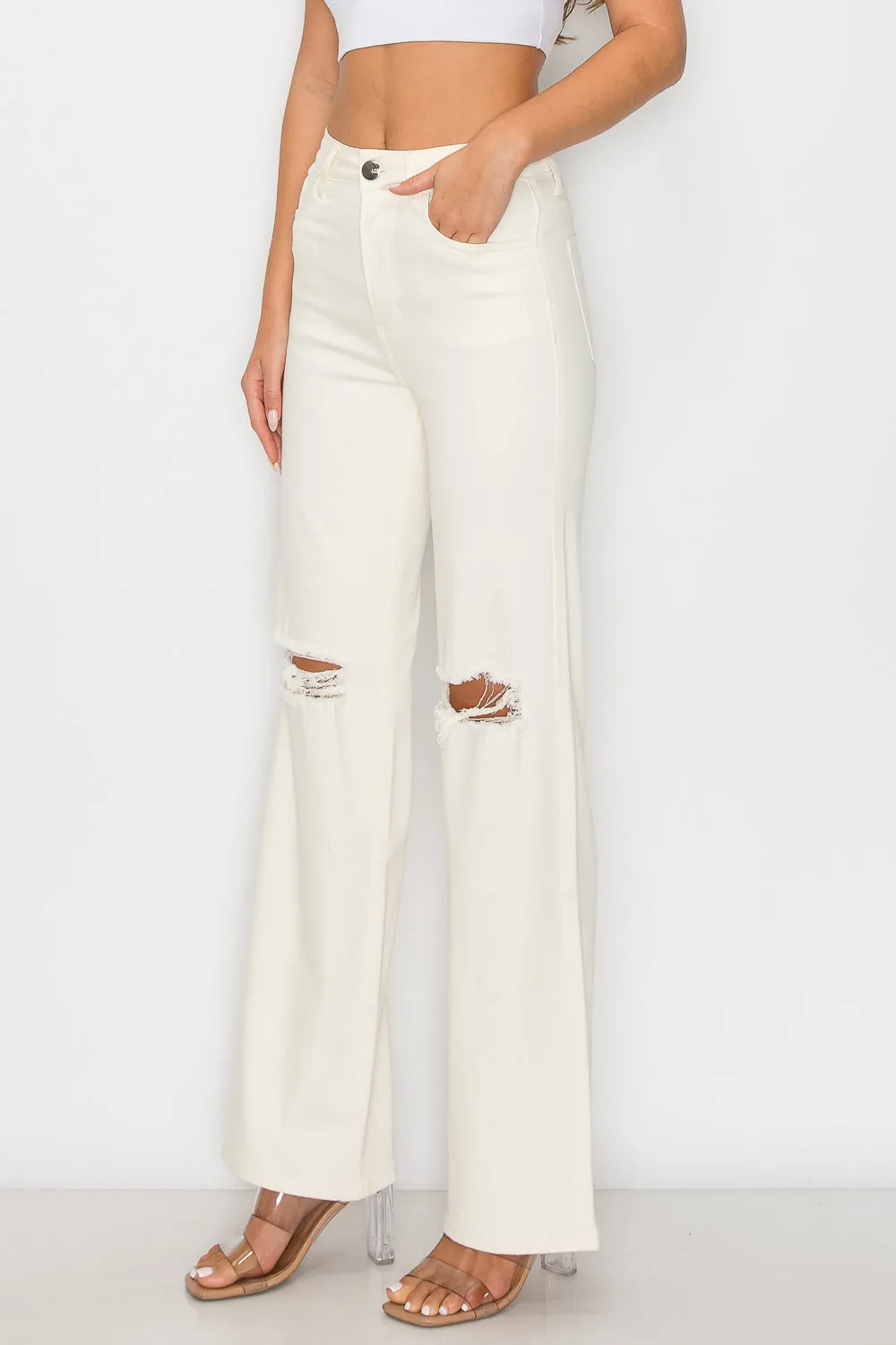 LVB-230 IVORY HIGH WAISTED SUPER-STRETCH COLORED WIDE LEG JEANS