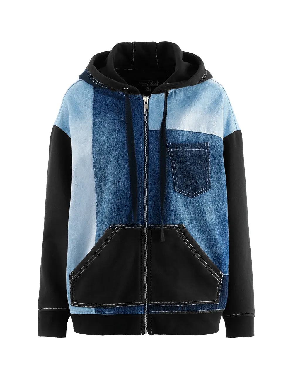 MARK FAST WOMEN PRINTED ZIP-UP SWEAT HOODIE WITH DENIM BLOCK