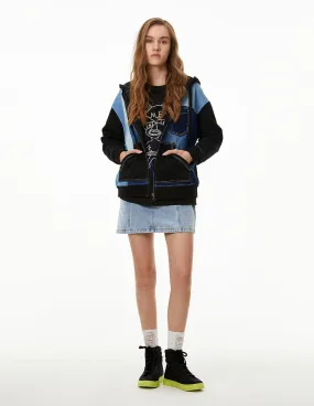 MARK FAST WOMEN PRINTED ZIP-UP SWEAT HOODIE WITH DENIM BLOCK