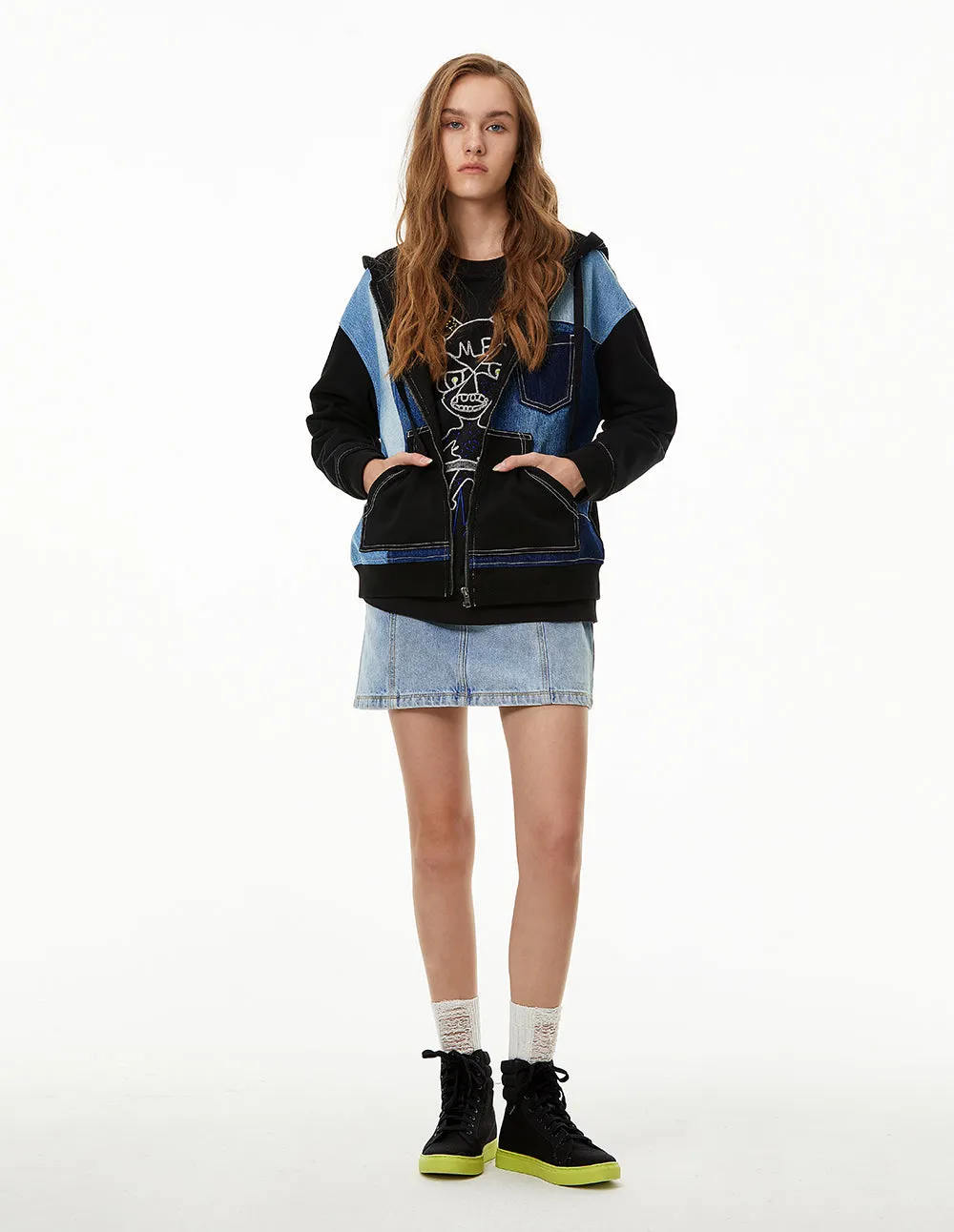 MARK FAST WOMEN PRINTED ZIP-UP SWEAT HOODIE WITH DENIM BLOCK