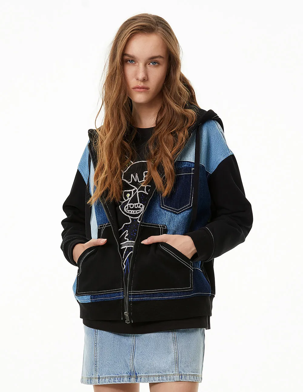 MARK FAST WOMEN PRINTED ZIP-UP SWEAT HOODIE WITH DENIM BLOCK