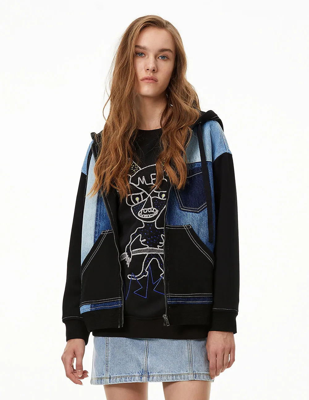 MARK FAST WOMEN PRINTED ZIP-UP SWEAT HOODIE WITH DENIM BLOCK
