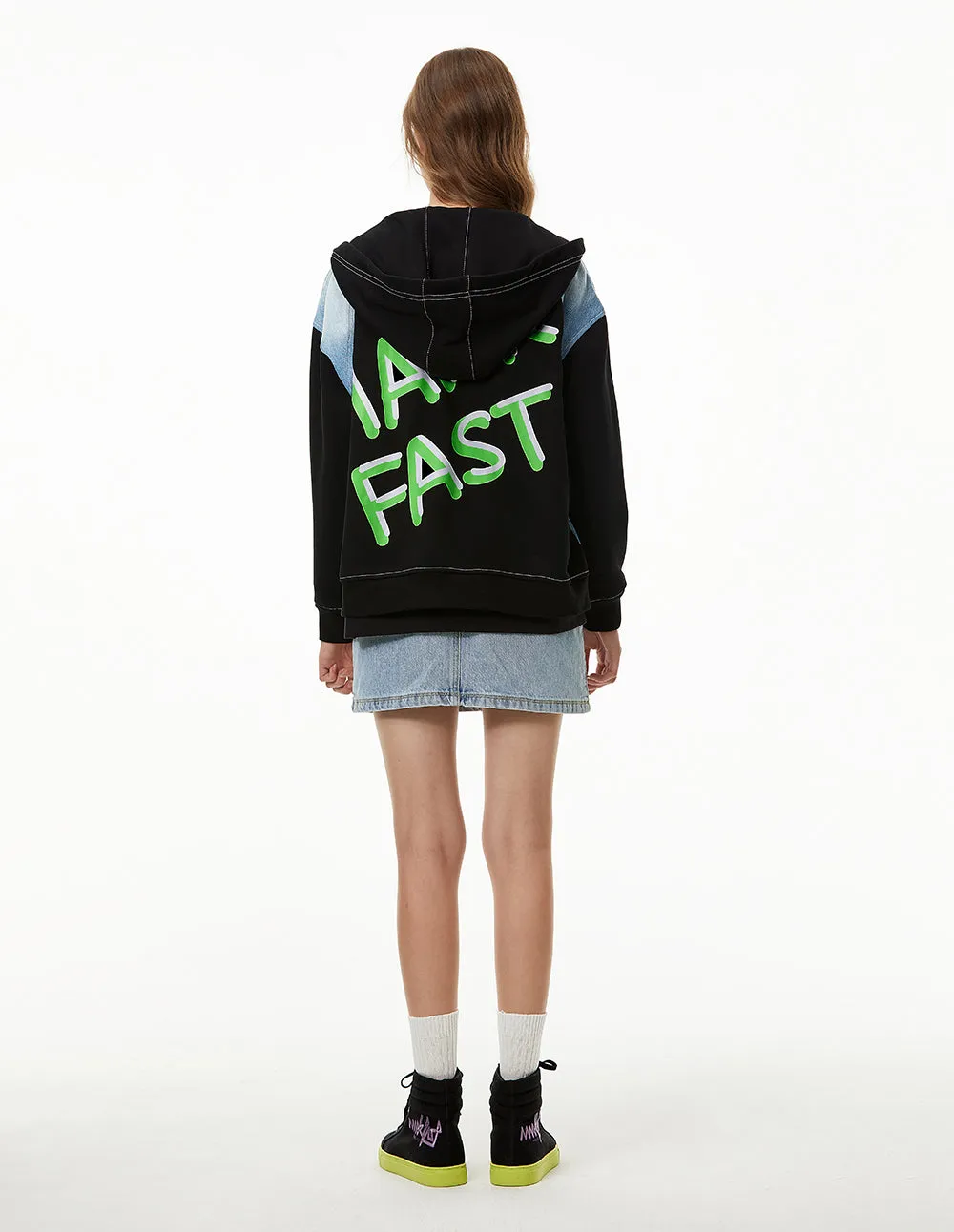 MARK FAST WOMEN PRINTED ZIP-UP SWEAT HOODIE WITH DENIM BLOCK