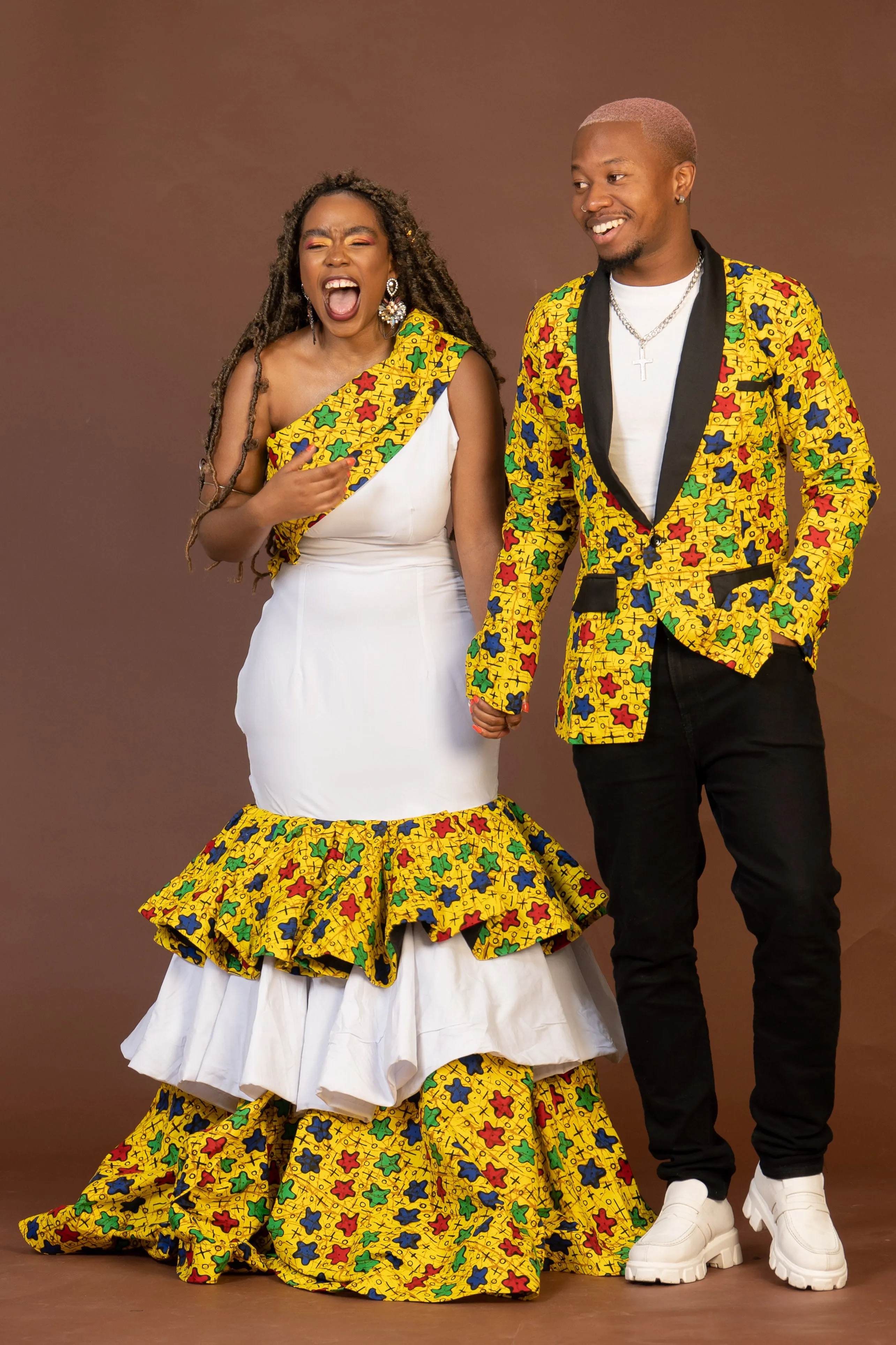Mavis Ankara Maxi Dress | White and Yellow Mixed African Print