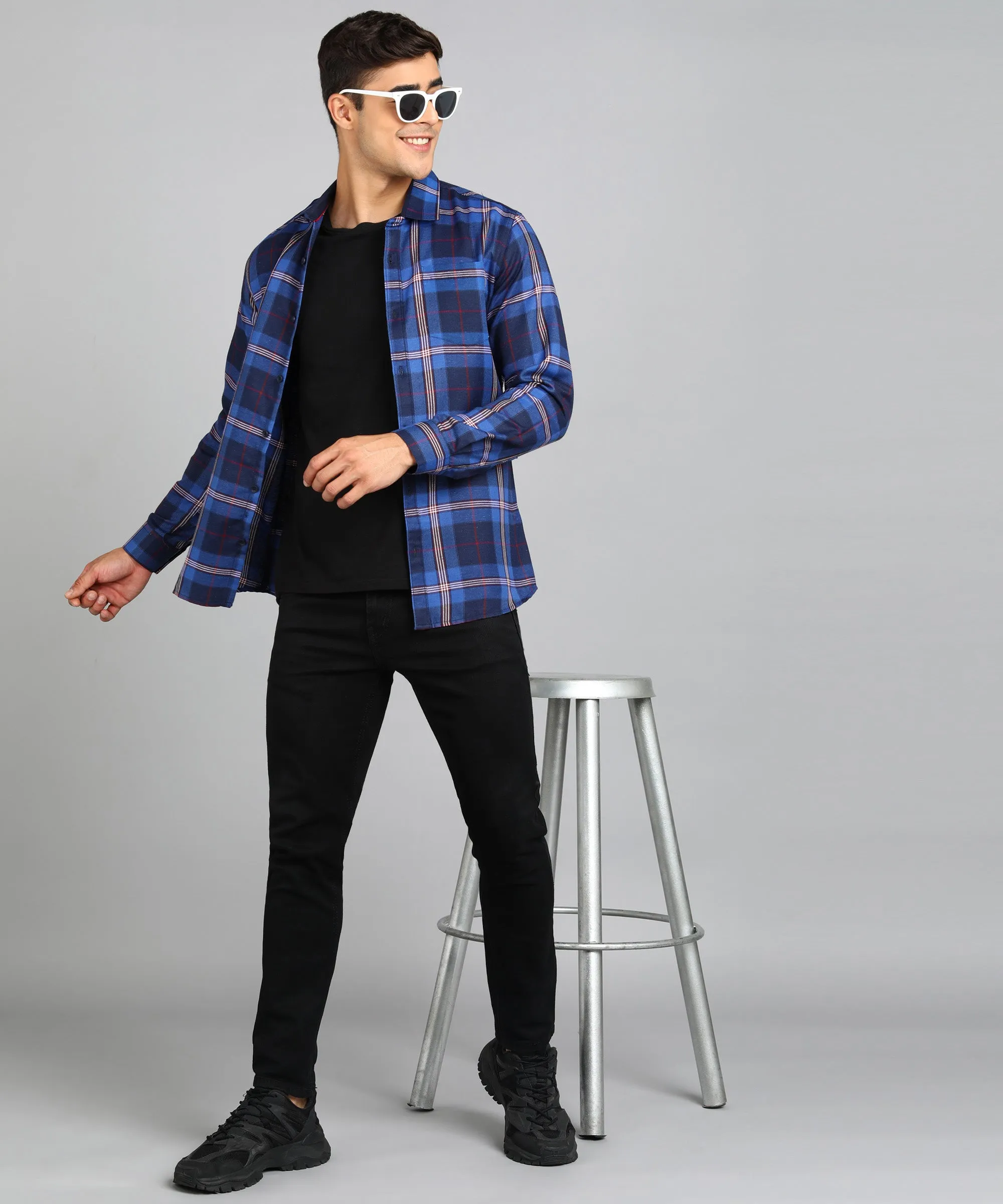 Men's Blue Cotton Full Sleeve Slim Fit Casual Checkered Shirt