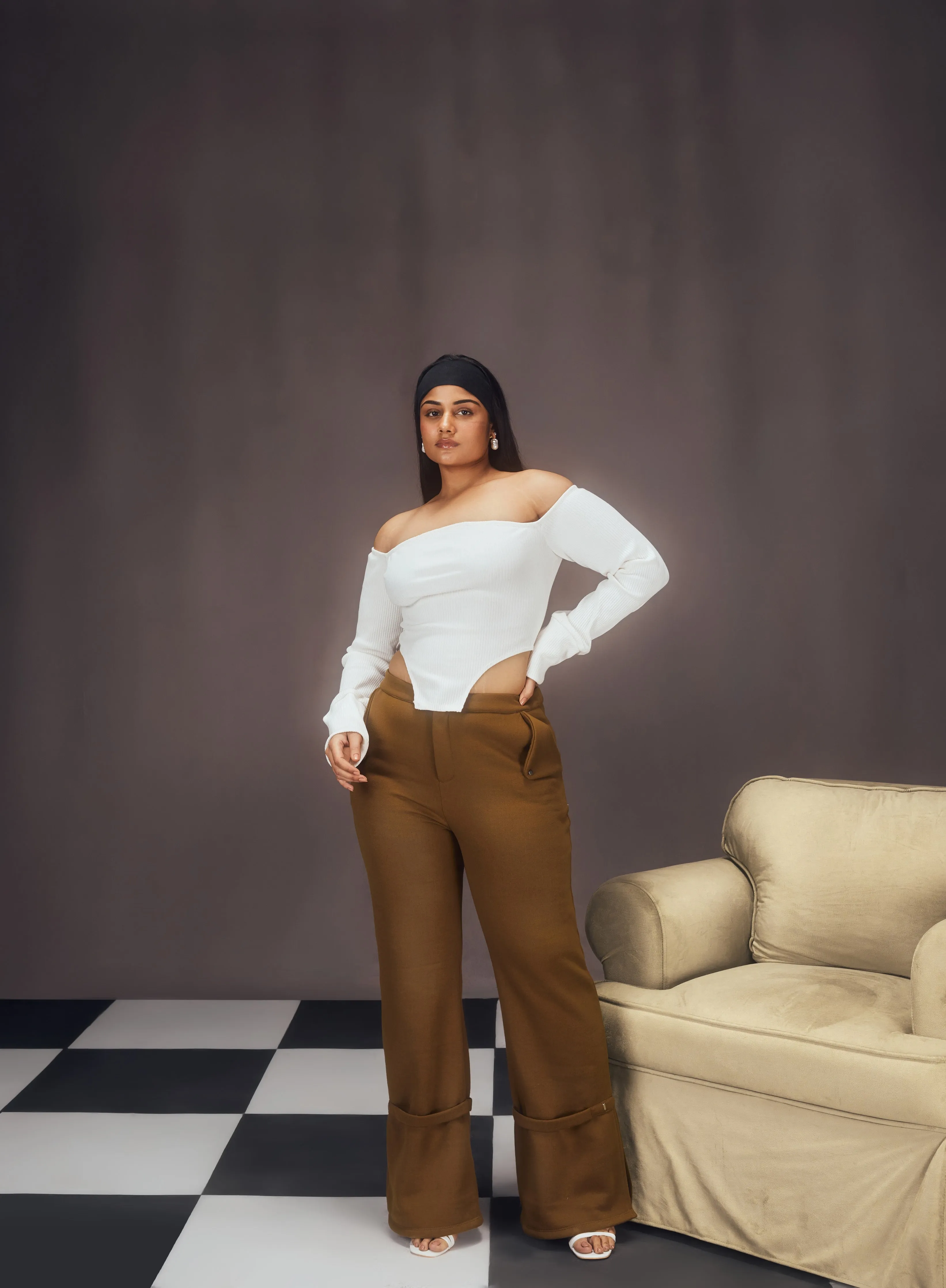 Nerea White Rib Off-Shoulder Asymmetrical Top and Khaki Fleece Embellished Pants Set