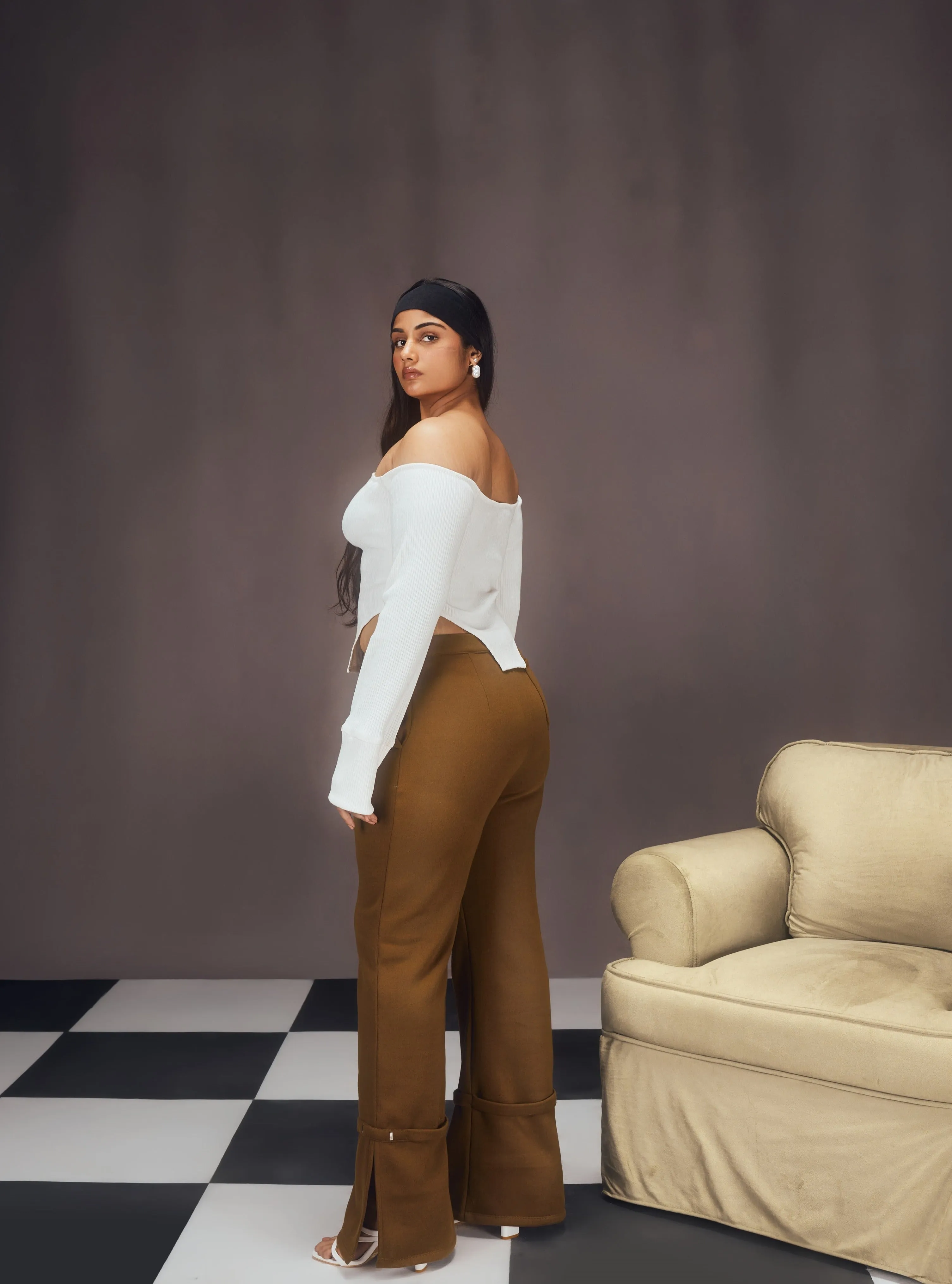 Nerea White Rib Off-Shoulder Asymmetrical Top and Khaki Fleece Embellished Pants Set