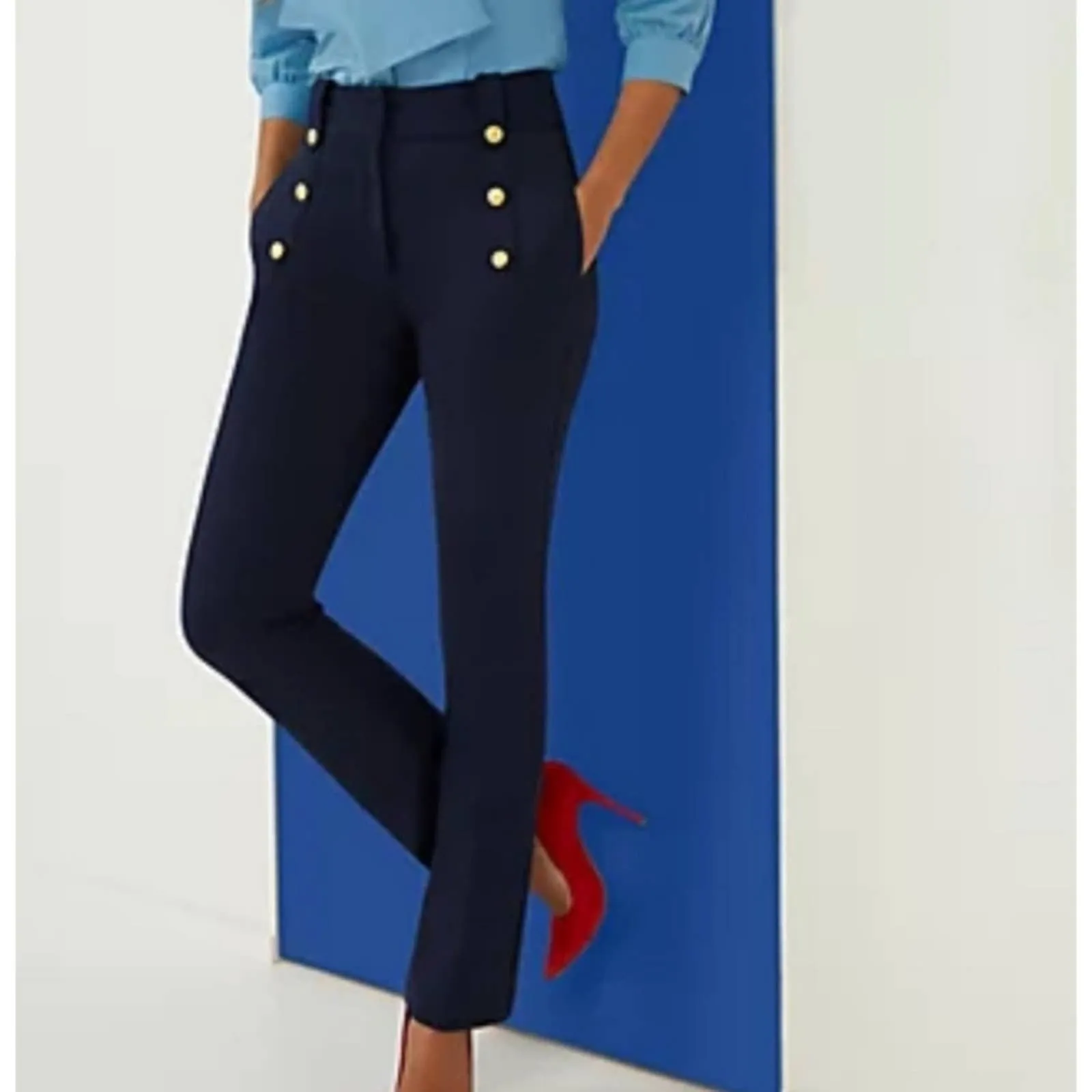 NY & Co Sailor Button High-Waisted Barely Bootcut Pant - Superflex Small Navy