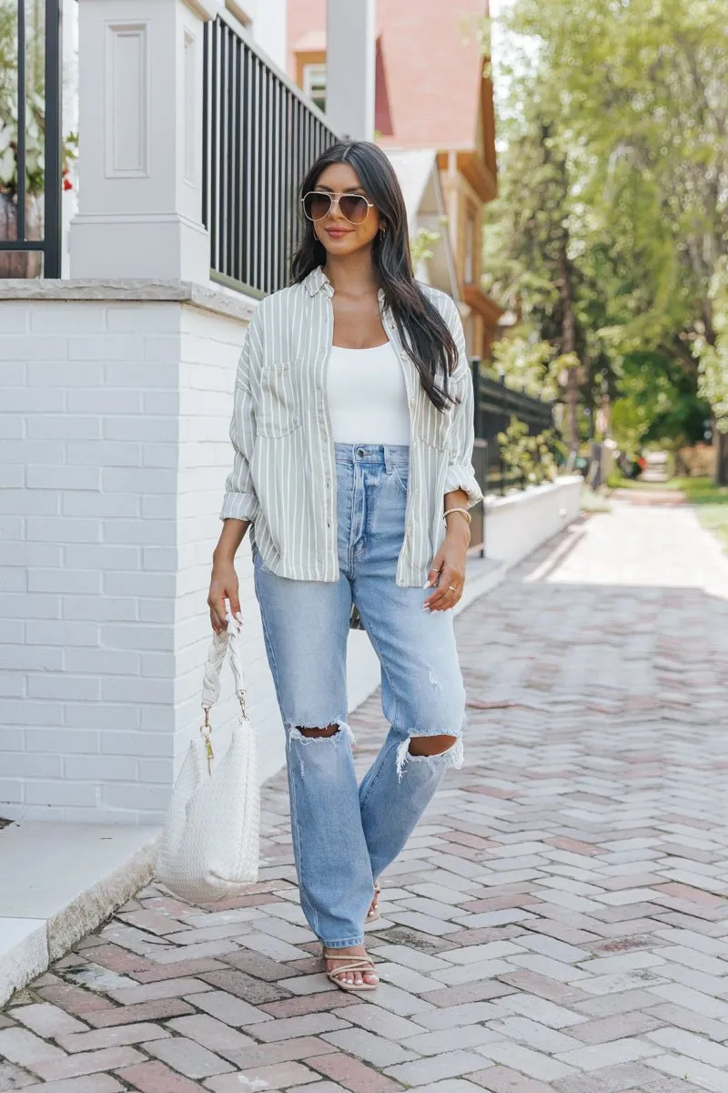 Olive Striped Button Down Shirt