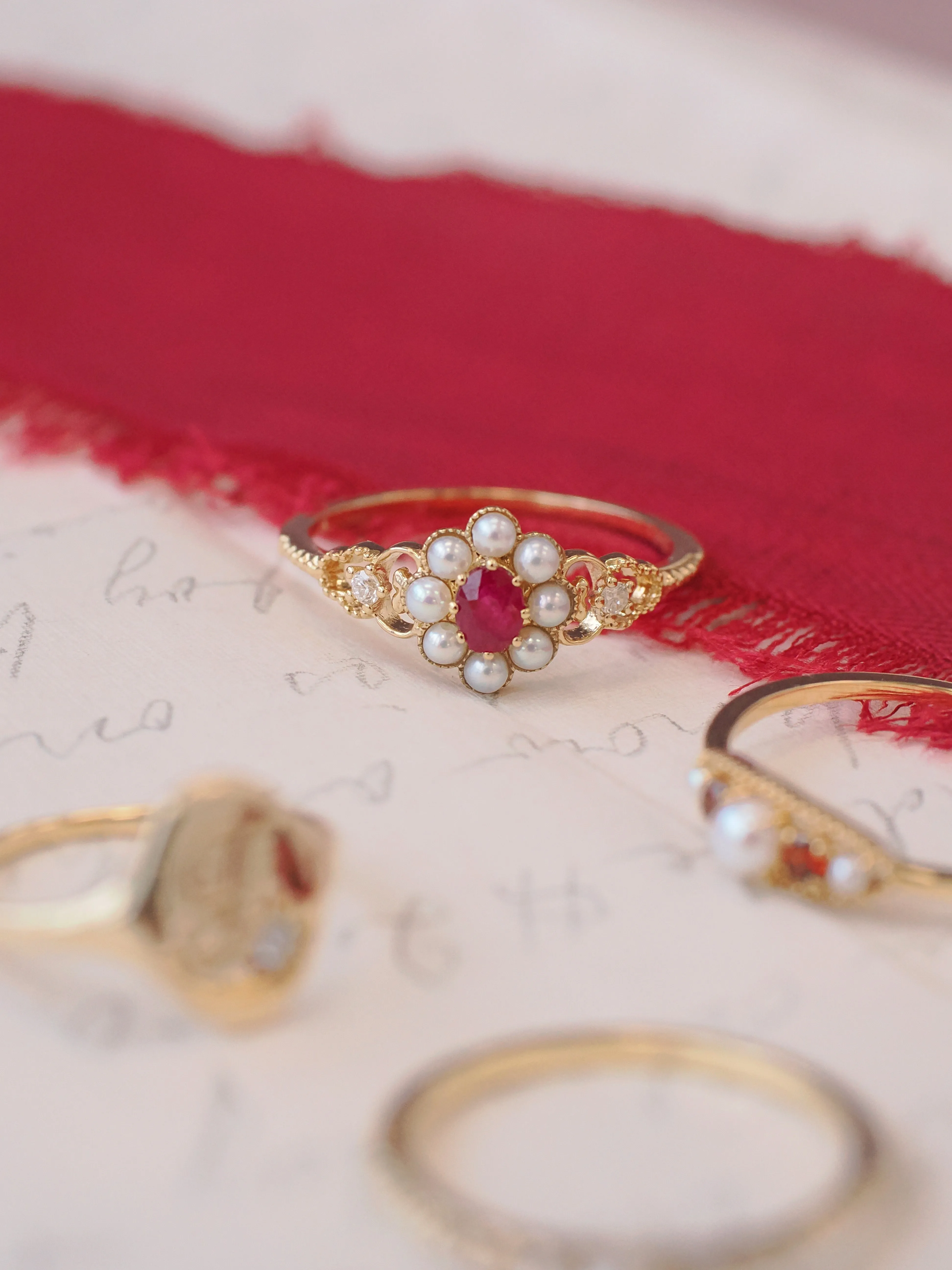 Ruby & Pearl & Diamond 14K Gold Cluster Ring - Georgia