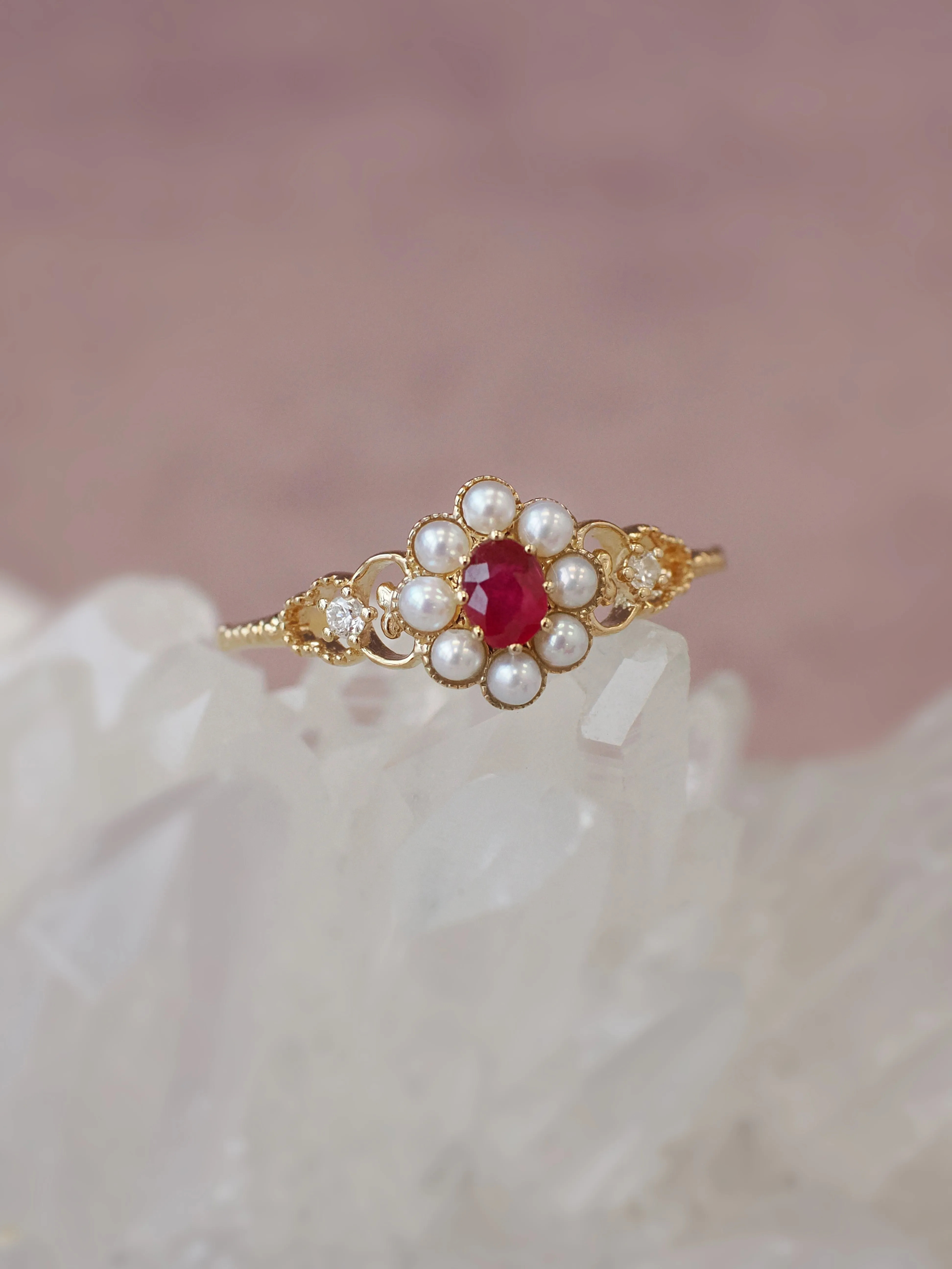 Ruby & Pearl & Diamond 14K Gold Cluster Ring - Georgia