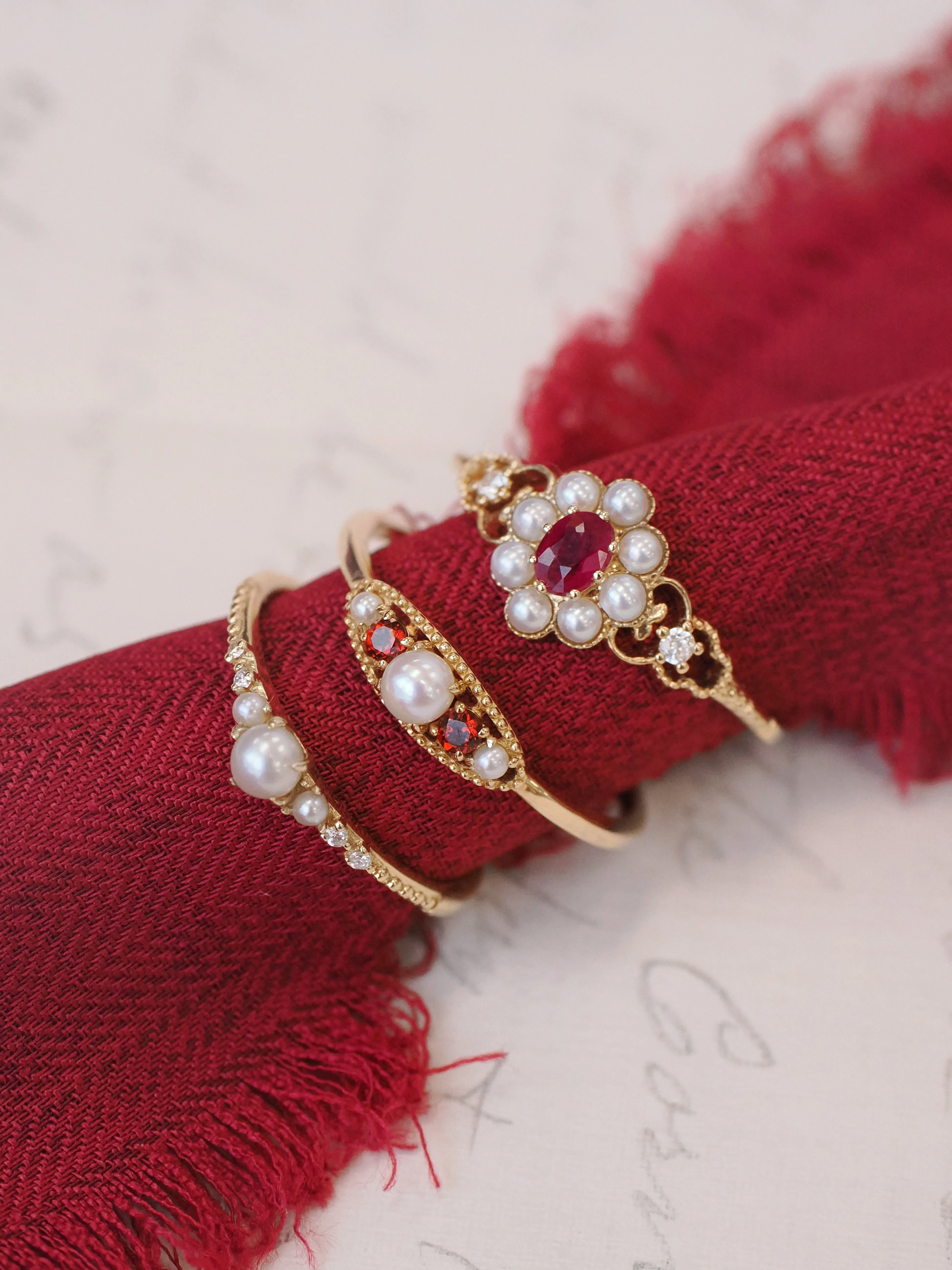 Ruby & Pearl & Diamond 14K Gold Cluster Ring - Georgia
