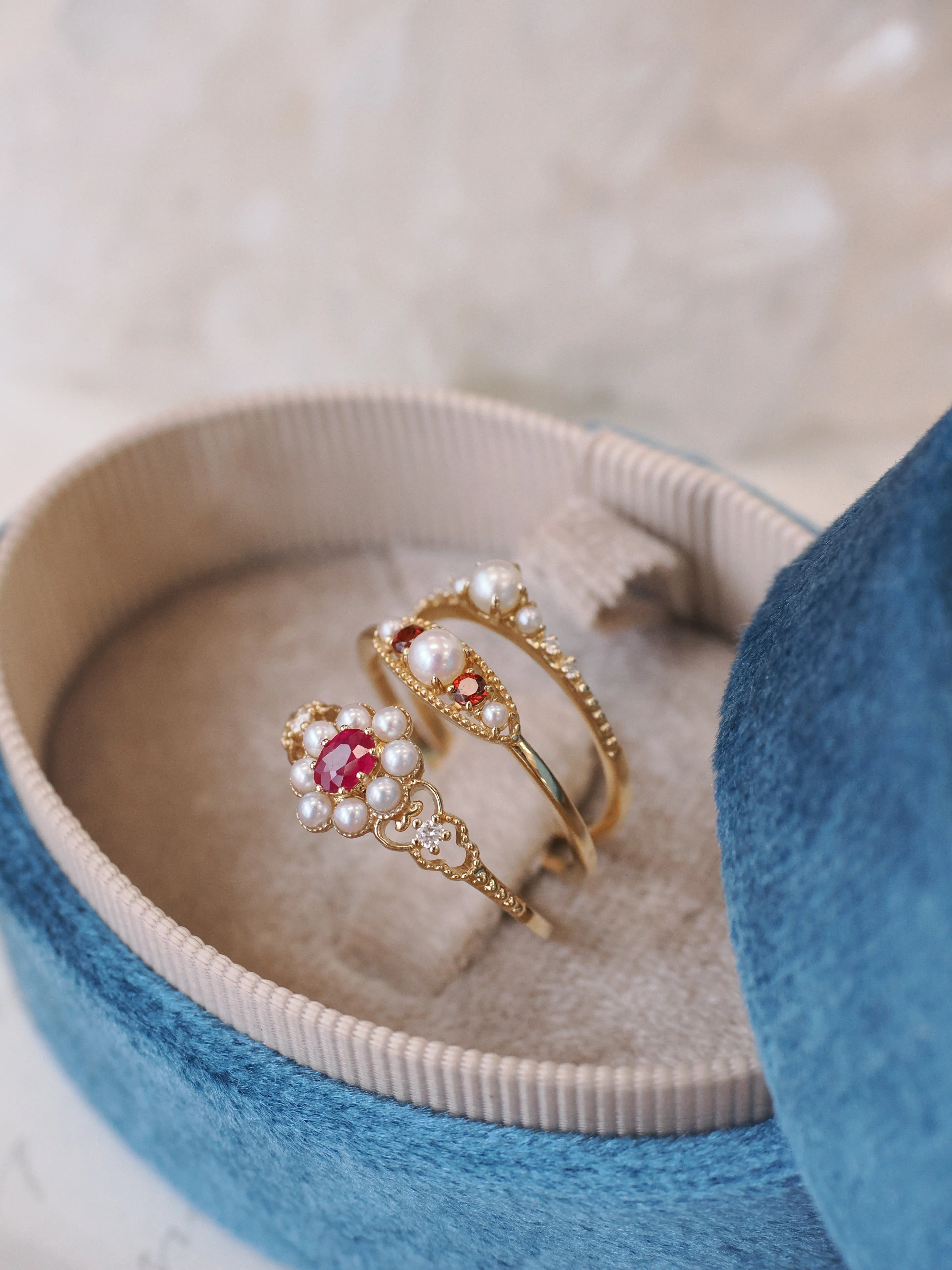 Ruby & Pearl & Diamond 14K Gold Cluster Ring - Georgia