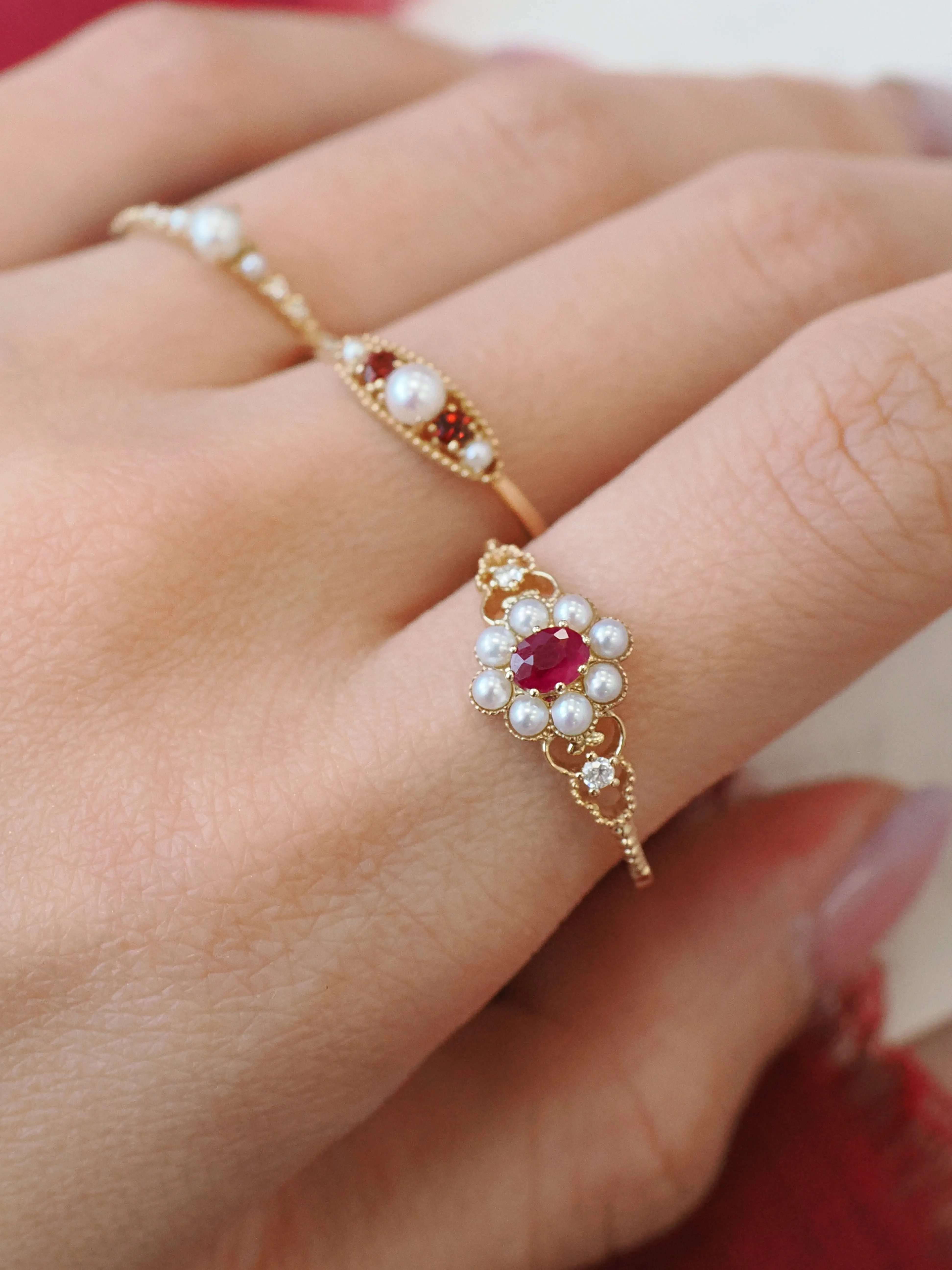 Ruby & Pearl & Diamond 14K Gold Cluster Ring - Georgia