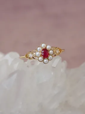 Ruby & Pearl & Diamond 14K Gold Cluster Ring - Georgia
