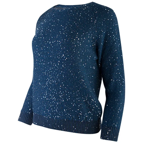 Sequin Crewneck Raglan Pullover in Denim Blue