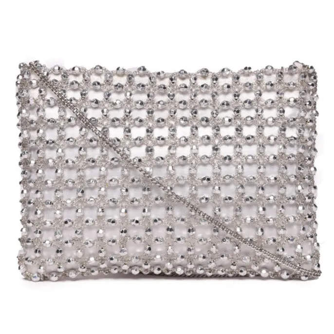 Silver  Beaded Clutch With Metal Chain Strap