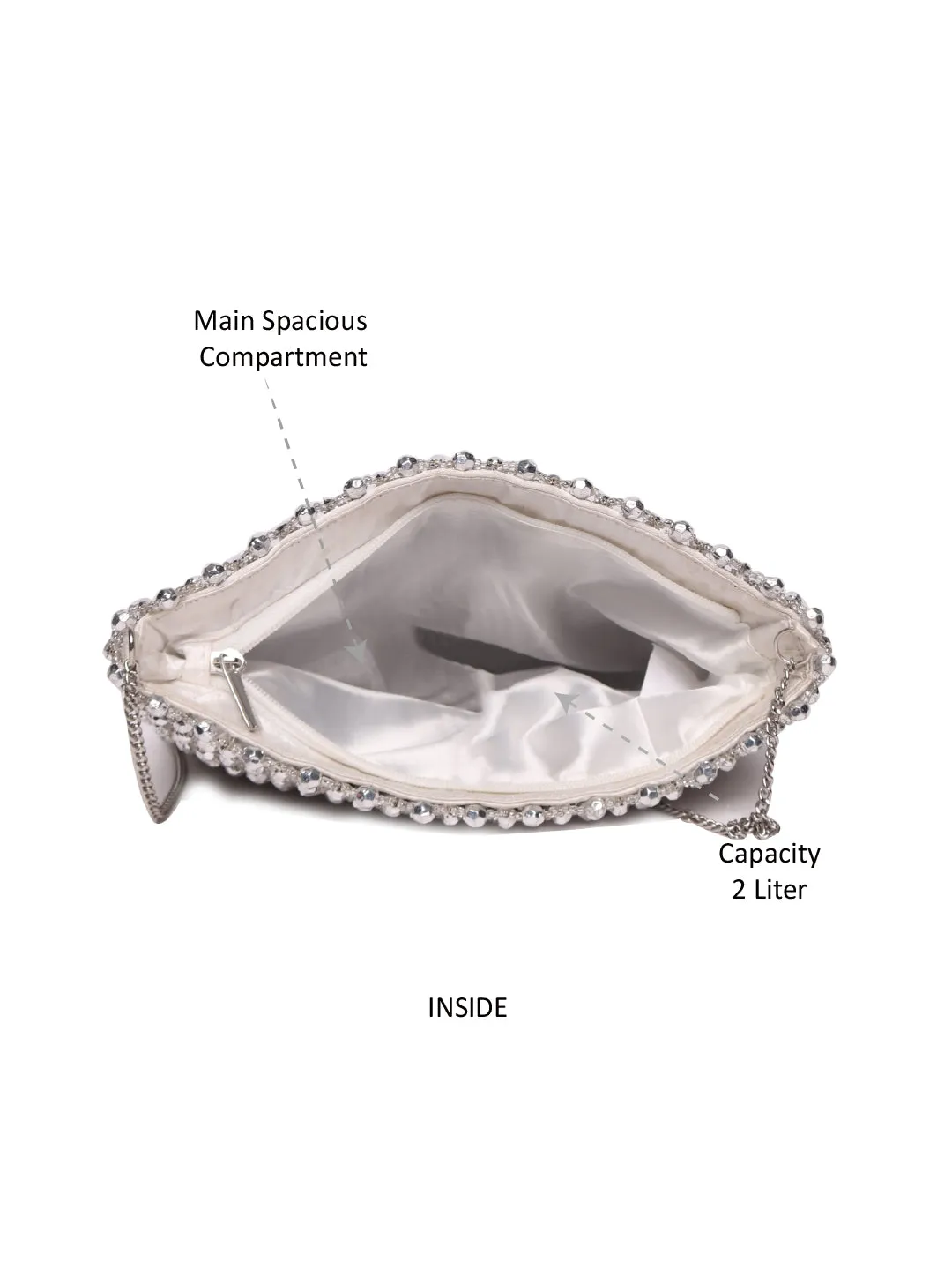 Silver  Beaded Clutch With Metal Chain Strap